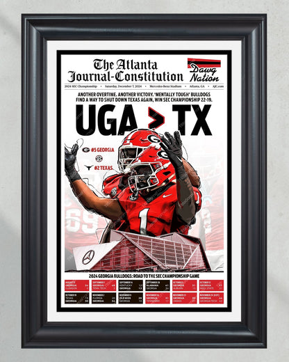 2024 Georgia Bulldogs SEC Championship 'UGA > TX' Victory Over Texas Framed Newspaper - Title Game Frames