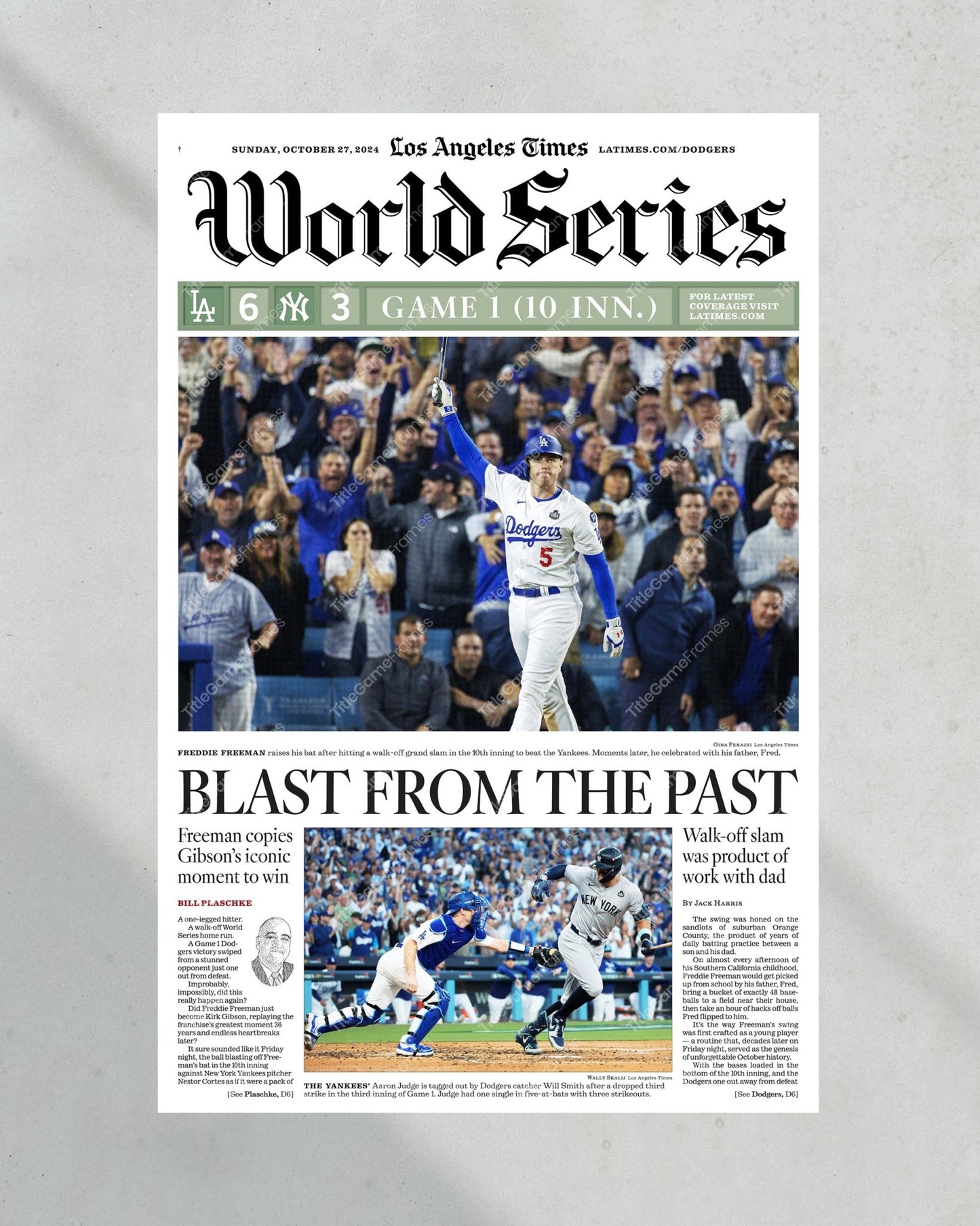 2024 LA Dodgers World Series Game 1"Blast from the Past" Freddie Freeman MVP Newspaper - Title Game Frames