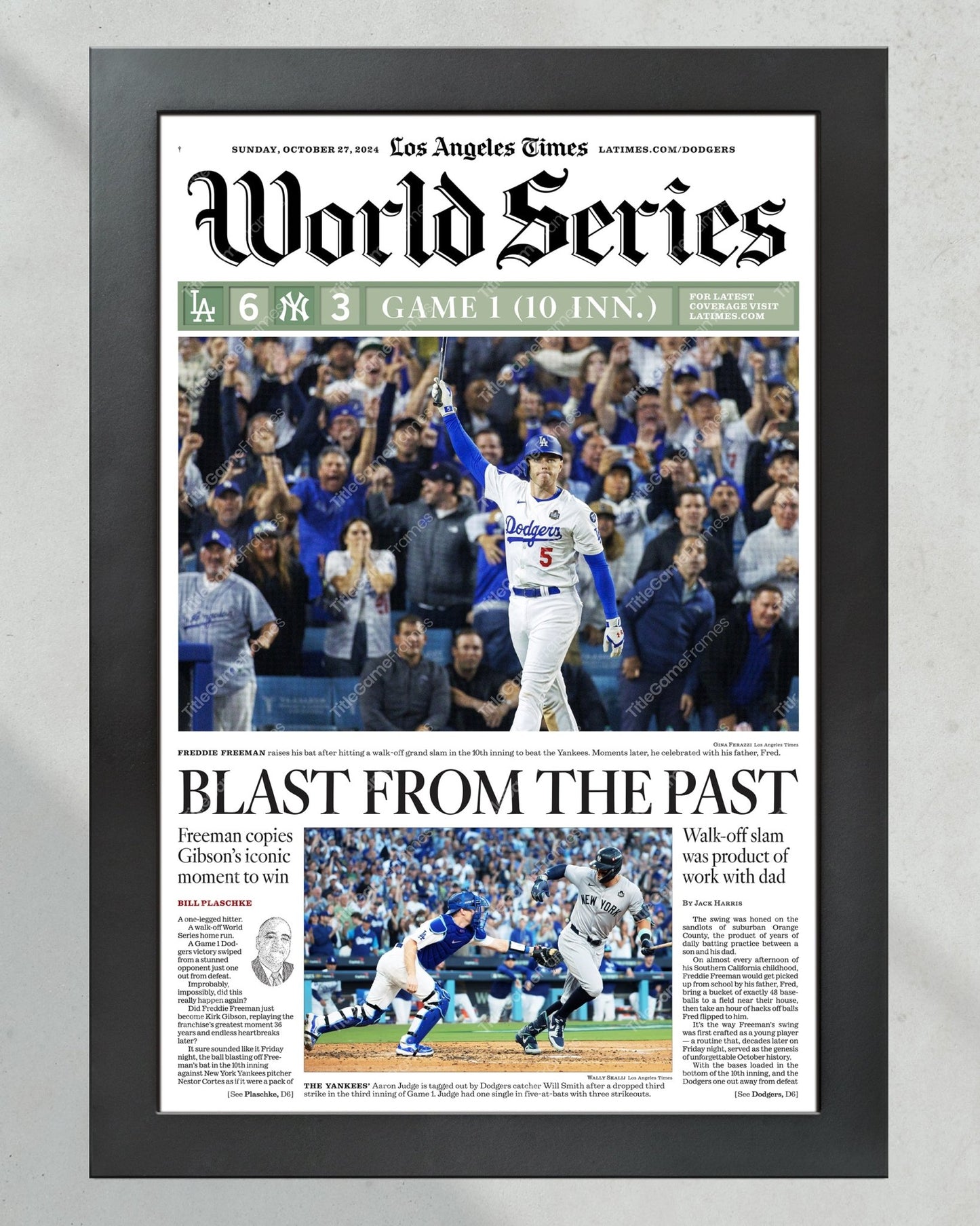 2024 LA Dodgers World Series Game 1"Blast from the Past" Freddie Freeman MVP Newspaper - Title Game Frames