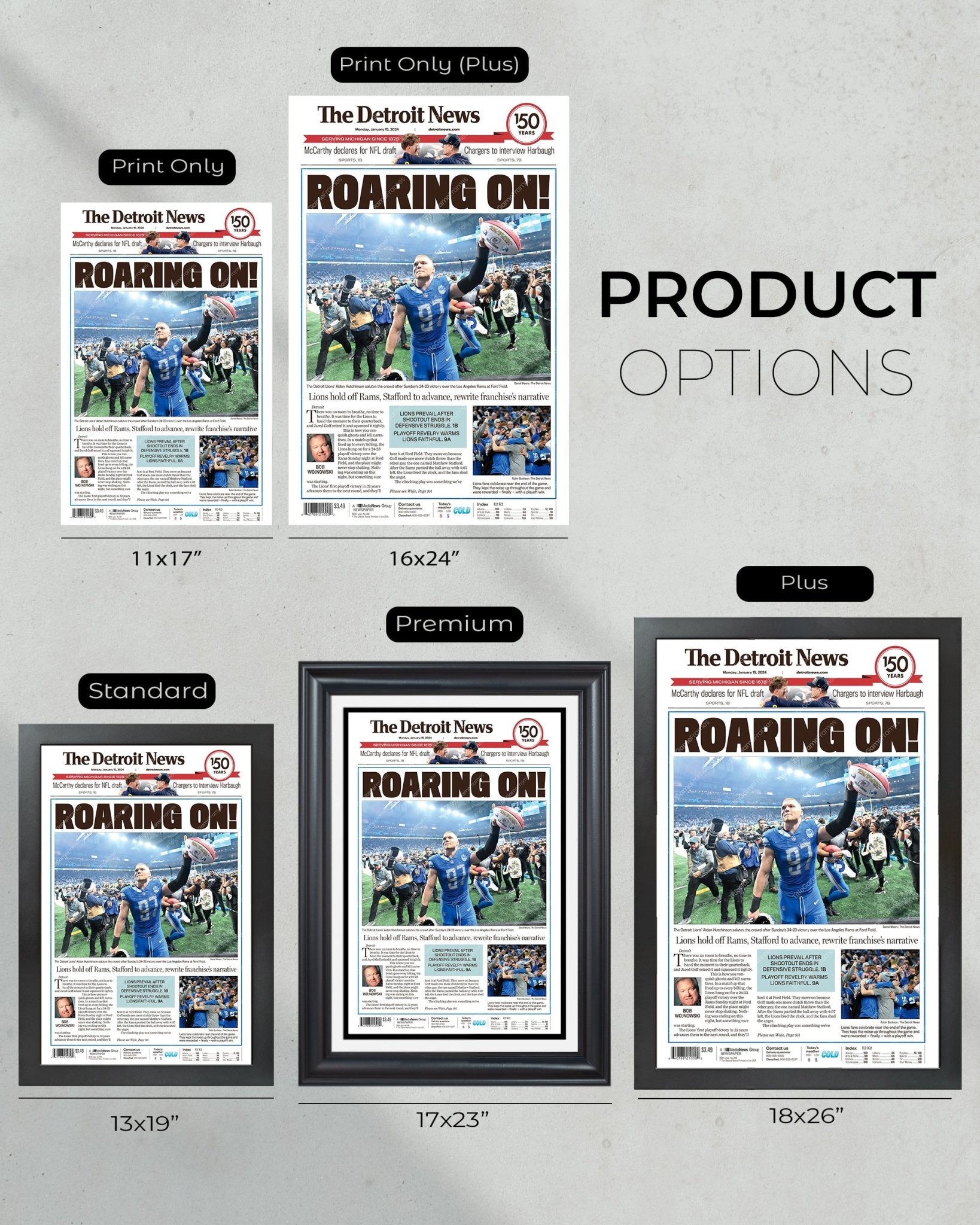 2024 Lions' Playoff Triumph - 'Roaring On' - Framed Newspaper Collectible - Title Game Frames