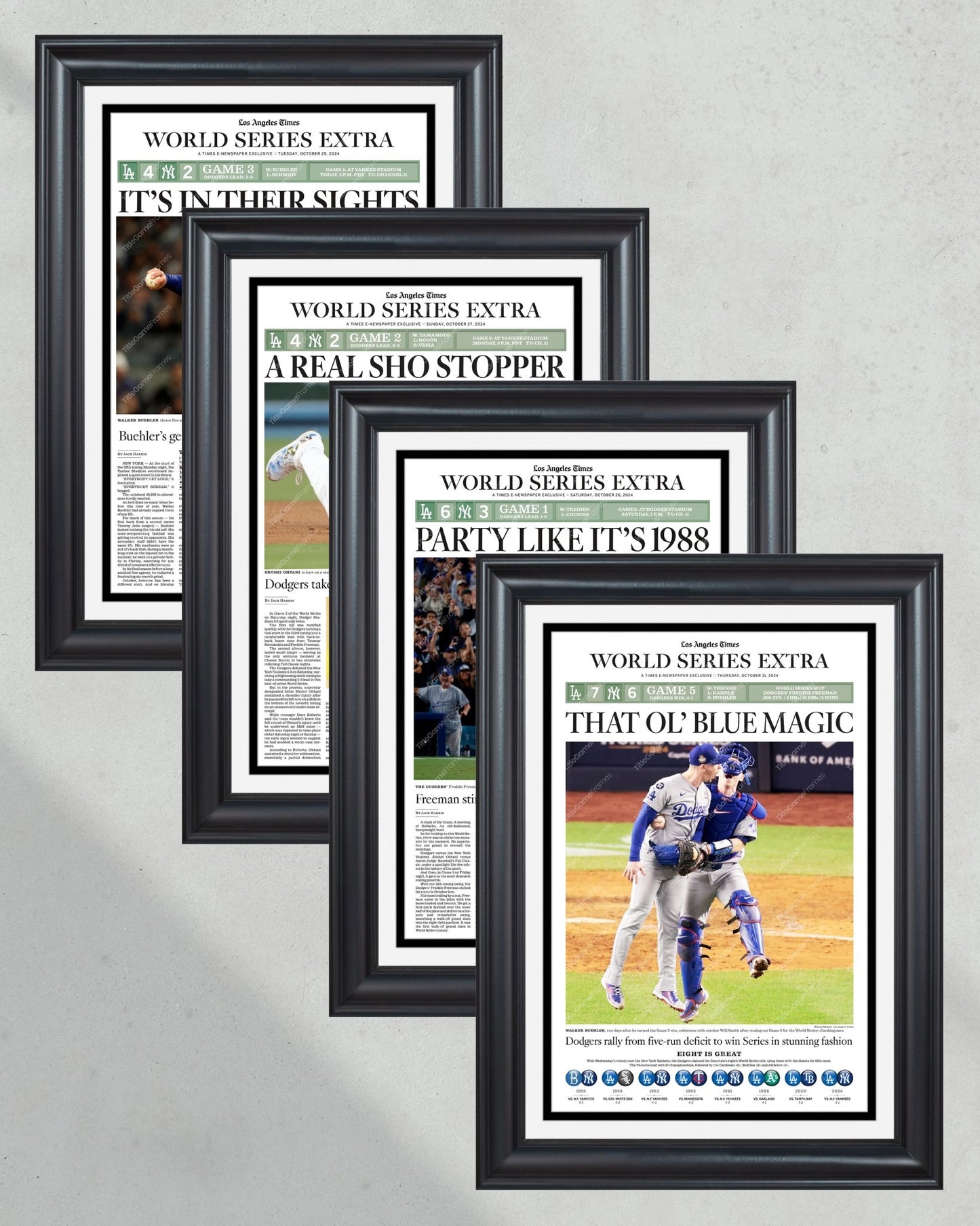 2024 Los Angeles Dodgers World Series Commemorative Set - Game 1,2,3, and 5 - Title Game Frames