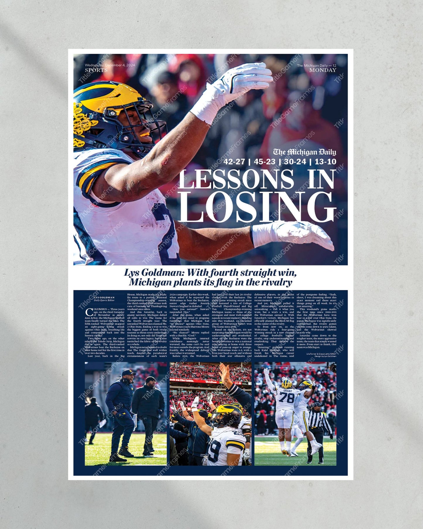 2024 Michigan Defeats Ohio State - 'Lessons in Learning' Michigan Daily Framed Newspaper - Title Game Frames