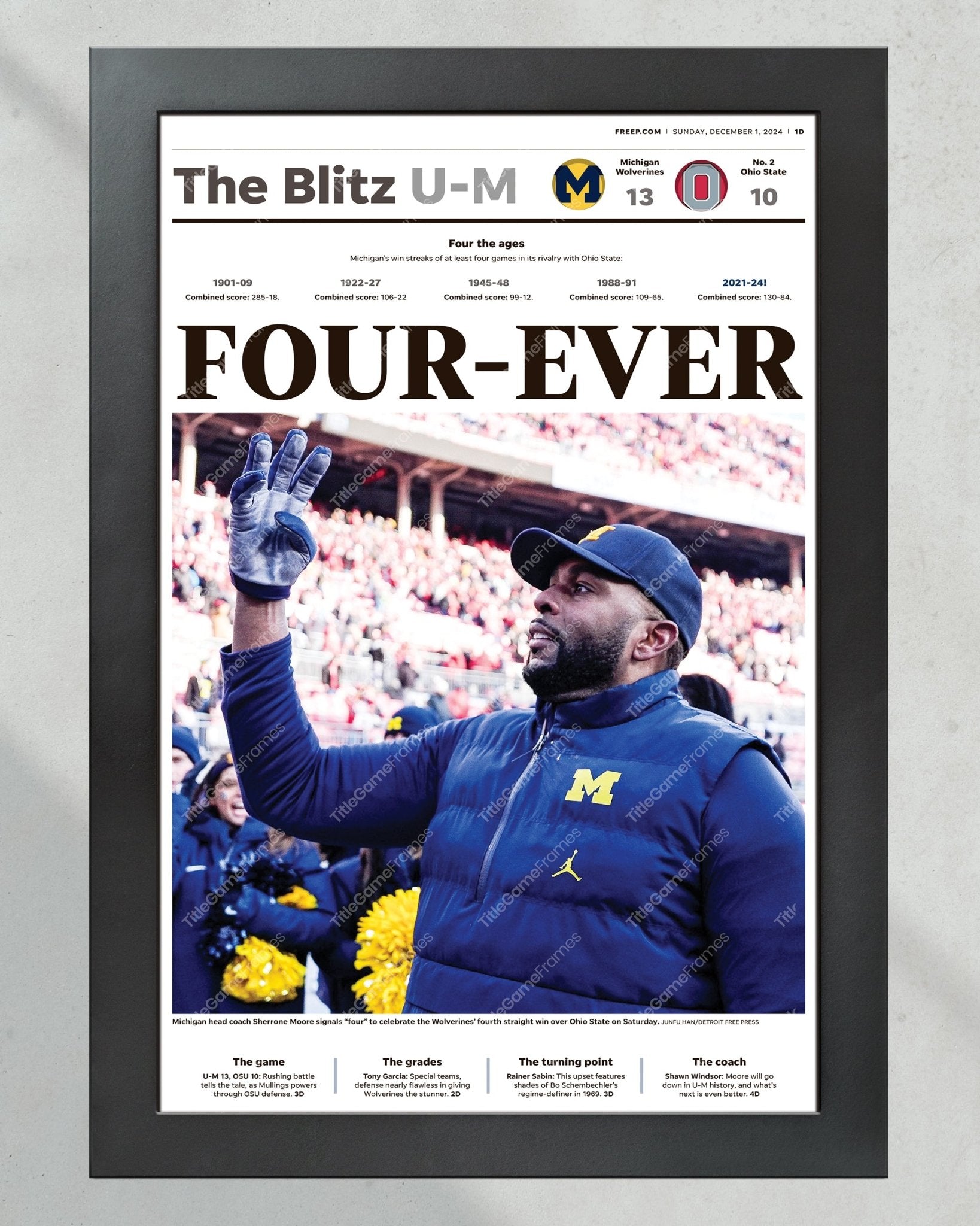 2024 Michigan Wolverines “FOUR - EVER” Defeat Ohio State Buckeyes Framed Newspaper - Title Game Frames