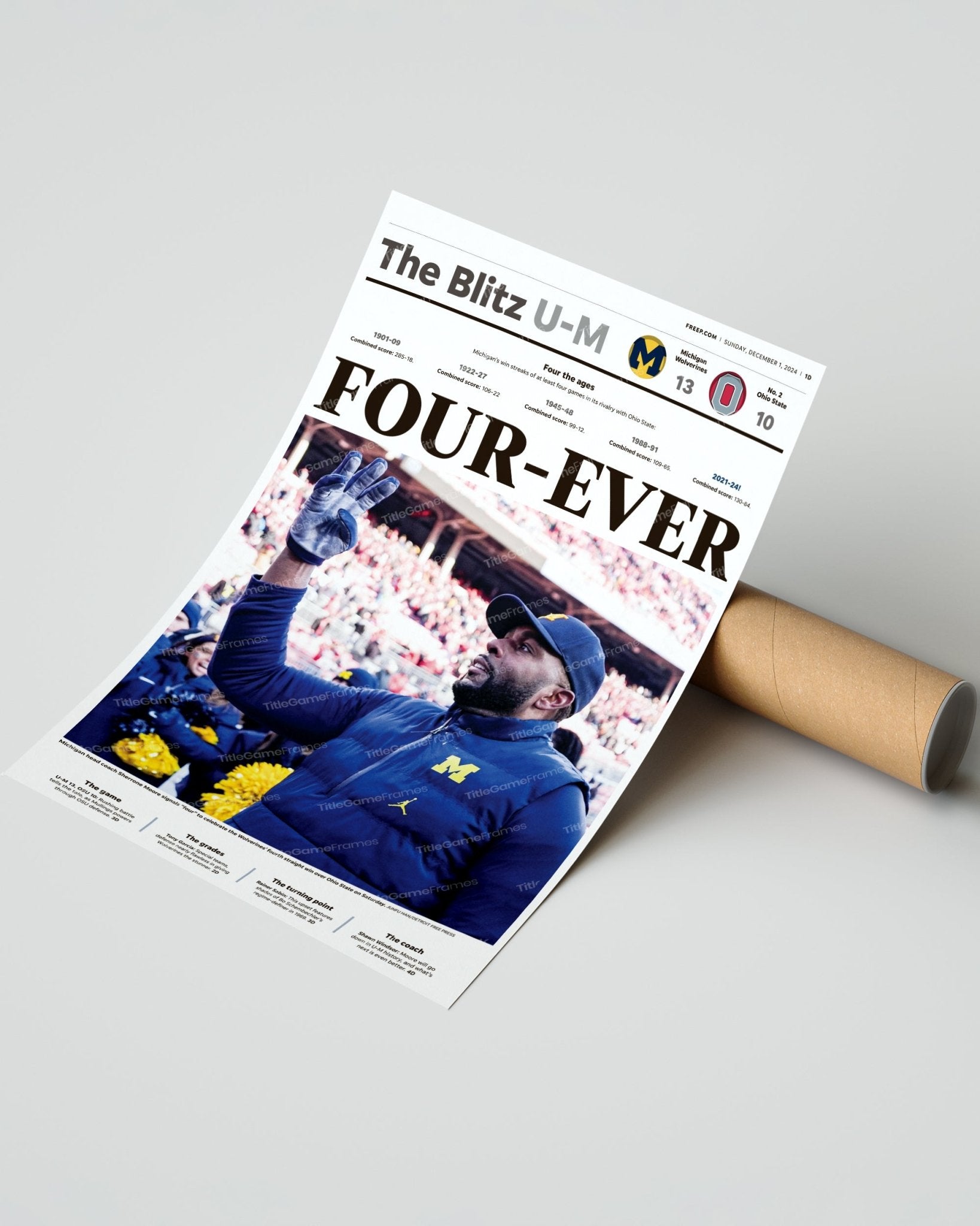 2024 Michigan Wolverines “FOUR - EVER” Defeat Ohio State Buckeyes Framed Newspaper - Title Game Frames