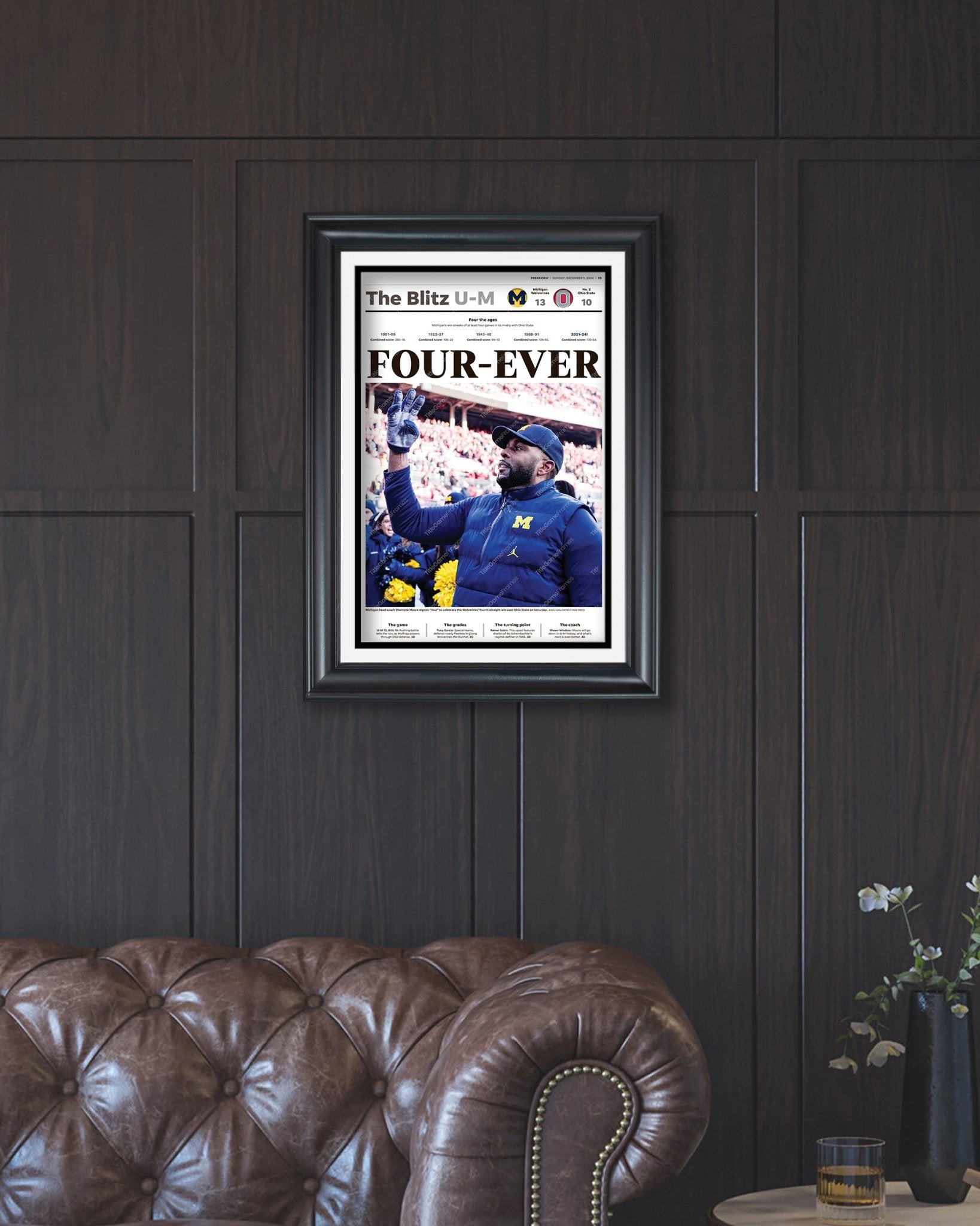 2024 Michigan Wolverines “FOUR - EVER” Defeat Ohio State Buckeyes Framed Newspaper - Title Game Frames