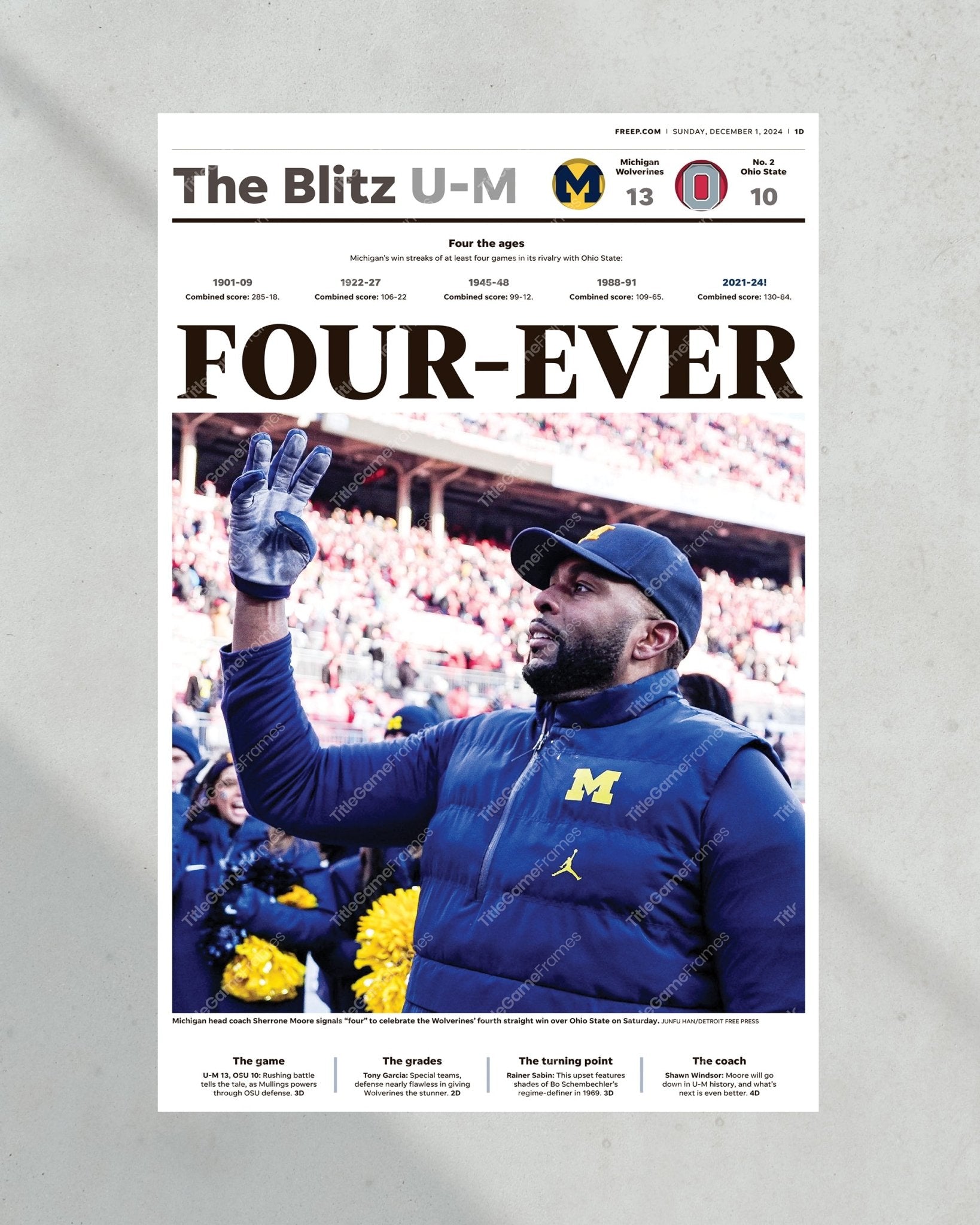 2024 Michigan Wolverines “FOUR - EVER” Defeat Ohio State Buckeyes Framed Newspaper - Title Game Frames