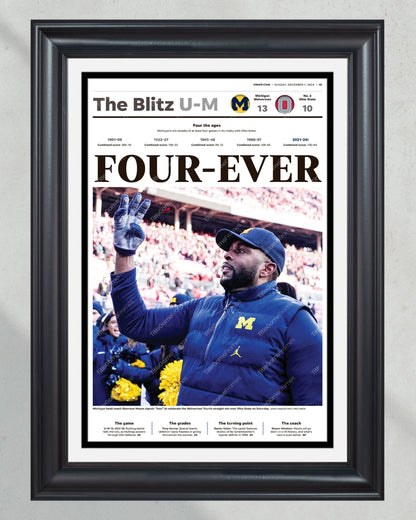 2024 Michigan Wolverines “FOUR - EVER” Defeat Ohio State Buckeyes Framed Newspaper - Title Game Frames