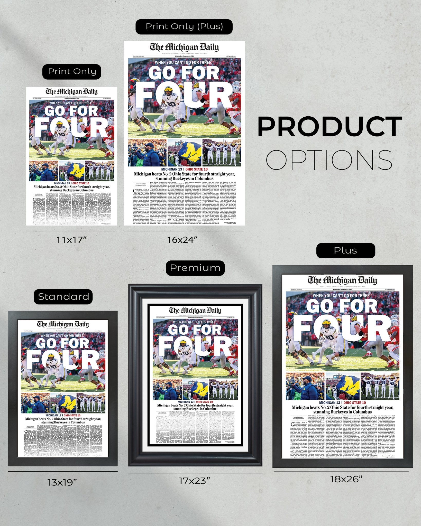 2024 Michigan Wolverines Upsets Ohio State Buckeyes "Go For Four" Michigan Daily Framed Newspaper - Title Game Frames