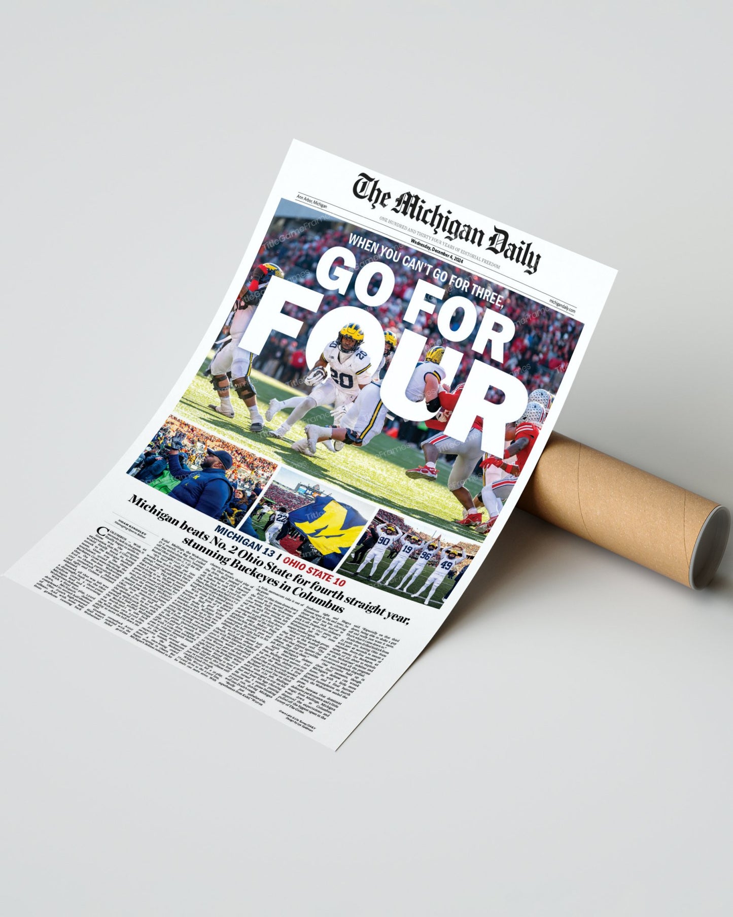 2024 Michigan Wolverines Upsets Ohio State Buckeyes "Go For Four" Michigan Daily Framed Newspaper - Title Game Frames