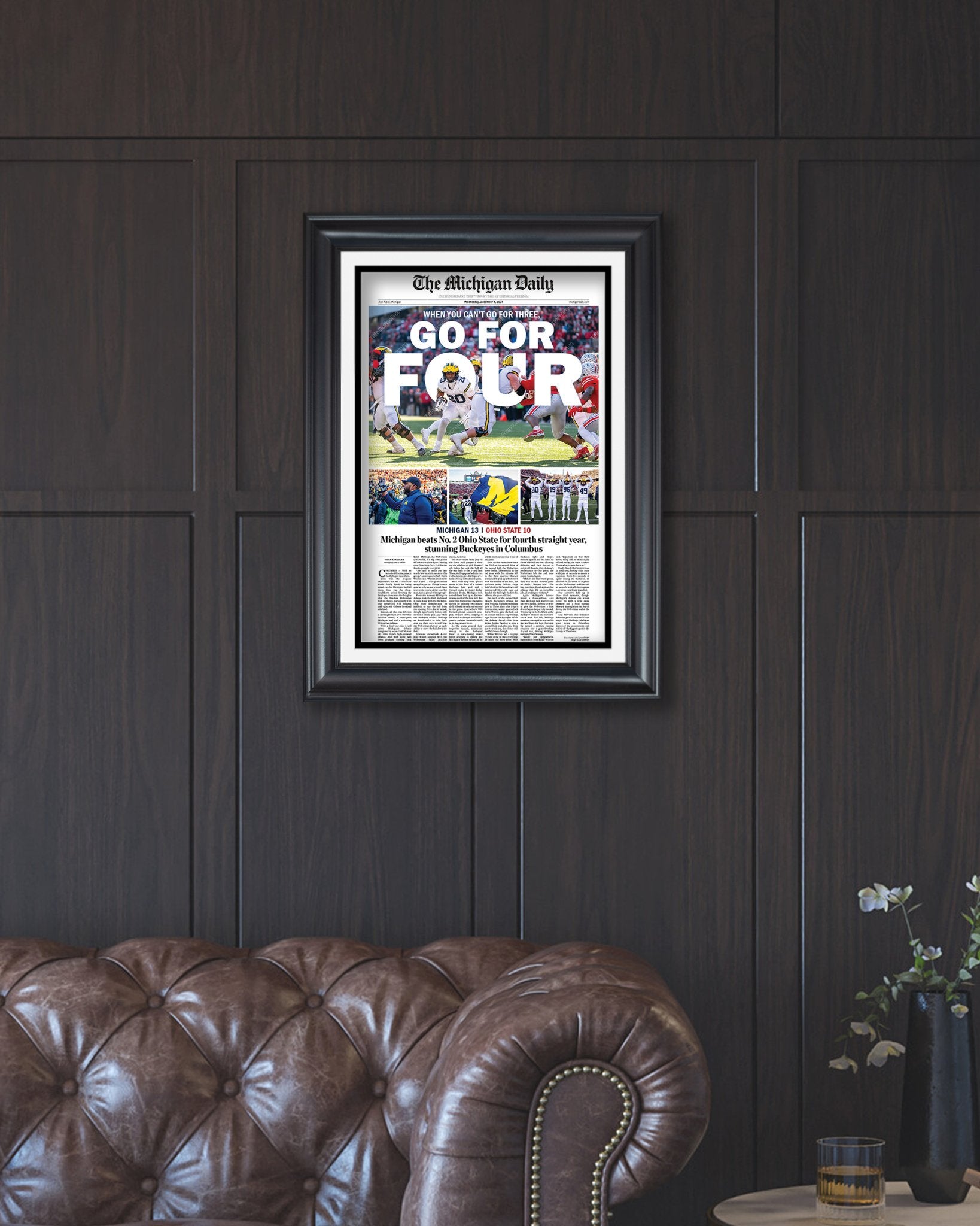 2024 Michigan Wolverines Upsets Ohio State Buckeyes "Go For Four" Michigan Daily Framed Newspaper - Title Game Frames