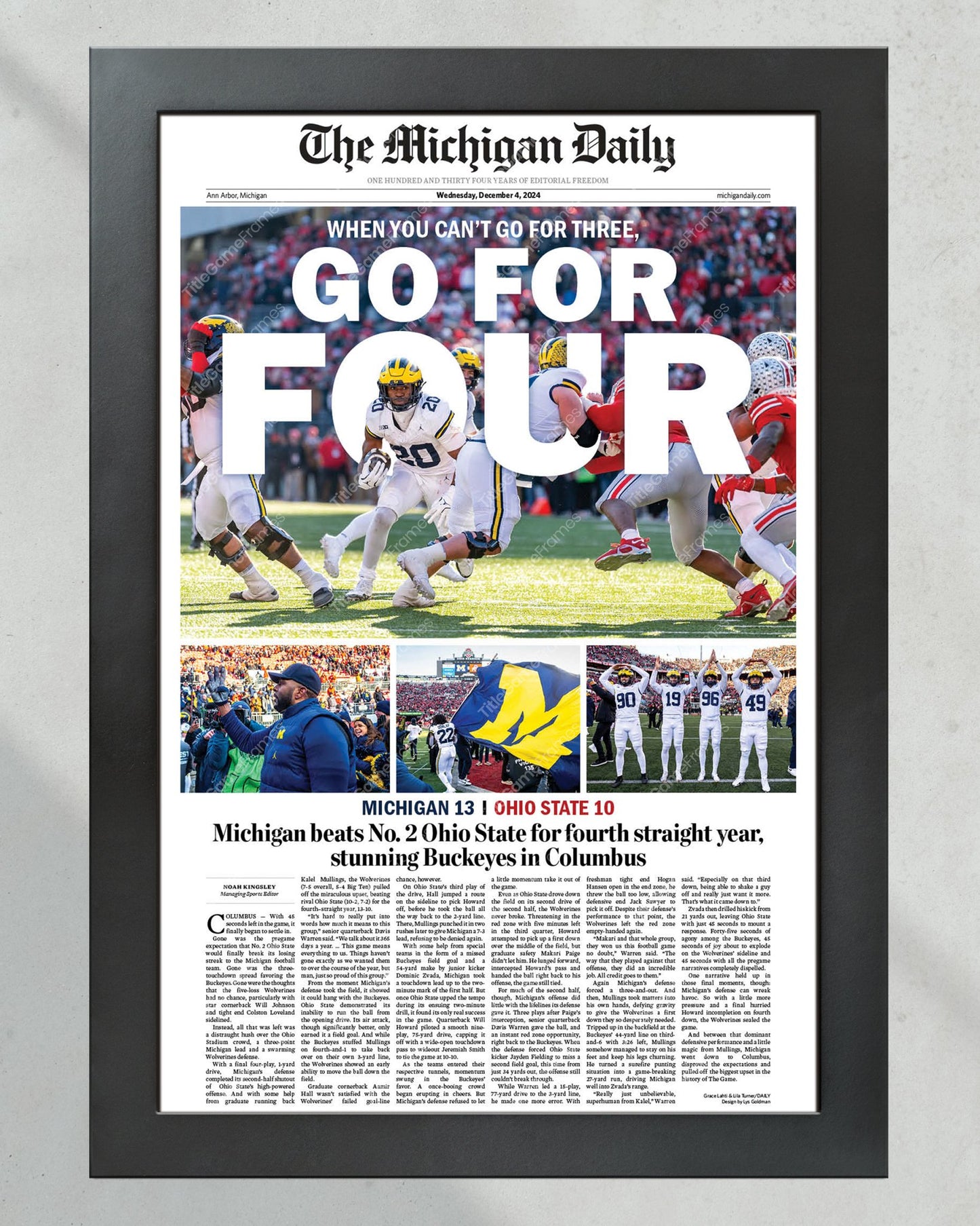 2024 Michigan Wolverines Upsets Ohio State Buckeyes "Go For Four" Michigan Daily Framed Newspaper - Title Game Frames