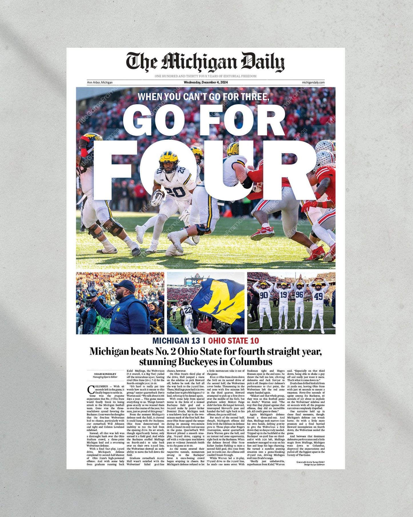 2024 Michigan Wolverines Upsets Ohio State Buckeyes "Go For Four" Michigan Daily Framed Newspaper - Title Game Frames