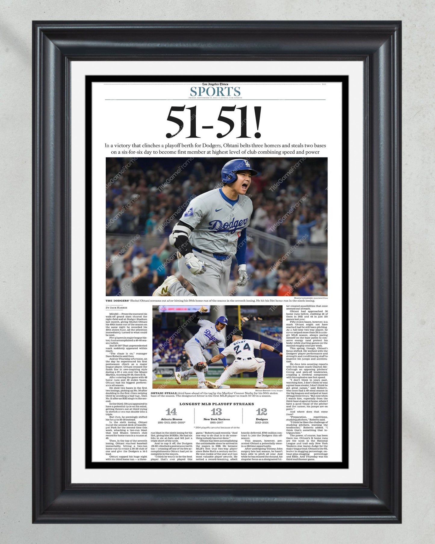 2024 Shohei Ohtani's Historic 50 - 50 Club Entry Framed Newspaper - Title Game Frames