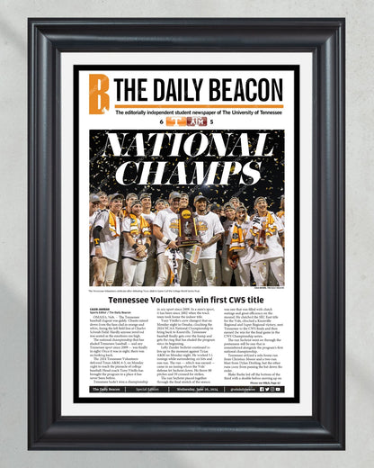 2024 Tennessee Volunteers CWS Baseball 'NATIONAL CHAMPIONS' - Framed Daily Beacon Newspaper - Title Game Frames