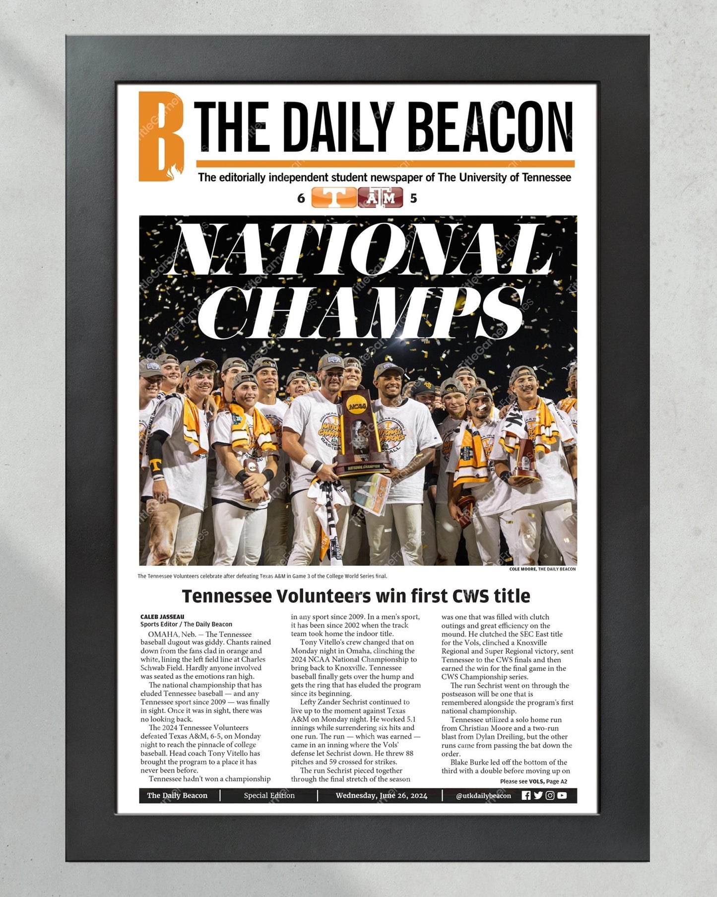 2024 Tennessee Volunteers CWS Baseball 'NATIONAL CHAMPIONS' - Framed Daily Beacon Newspaper - Title Game Frames