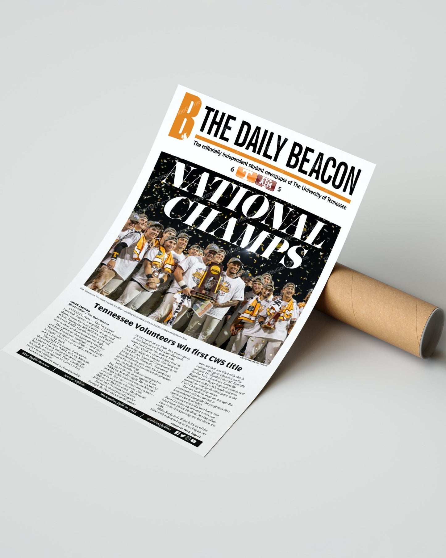 2024 Tennessee Volunteers CWS Baseball 'NATIONAL CHAMPIONS' - Framed Daily Beacon Newspaper - Title Game Frames