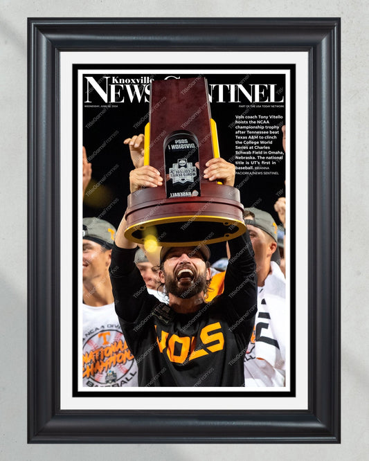 2024 Tennessee Volunteers CWS Championship - Tony Vitello Hoists Trophy - Framed Newspaper - Title Game Frames