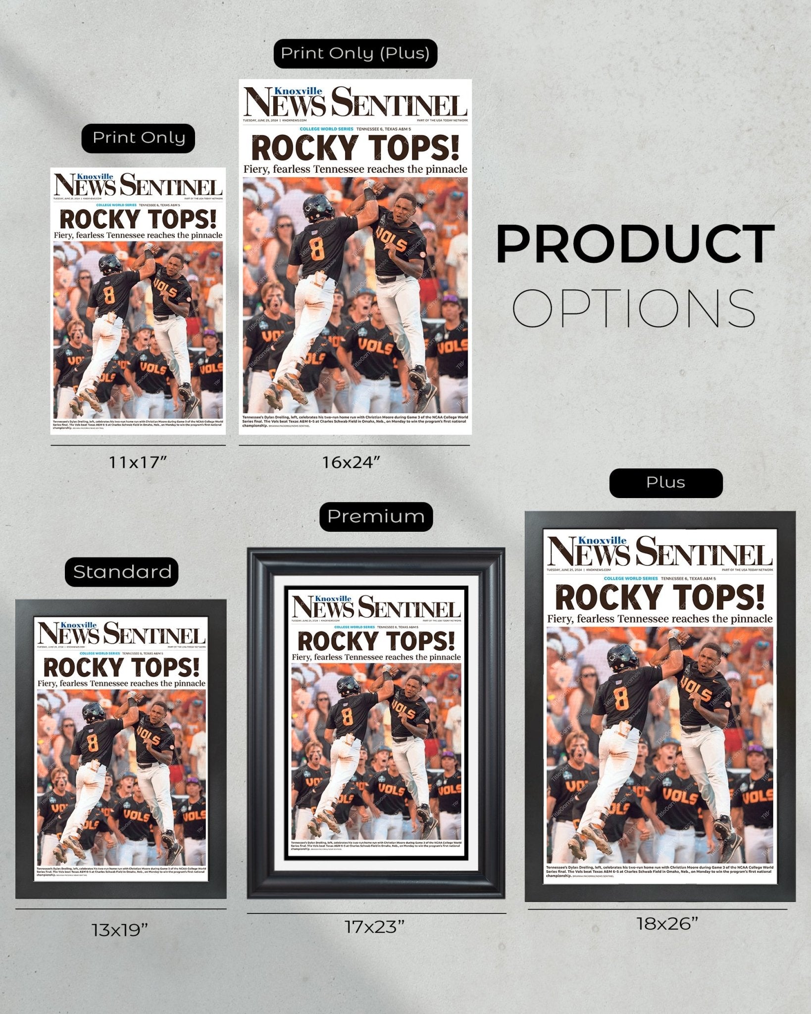 2024 Tennessee Volunteers 'ROCKY TOPS!' - CWS Baseball Champions Framed Newspaper - Title Game Frames