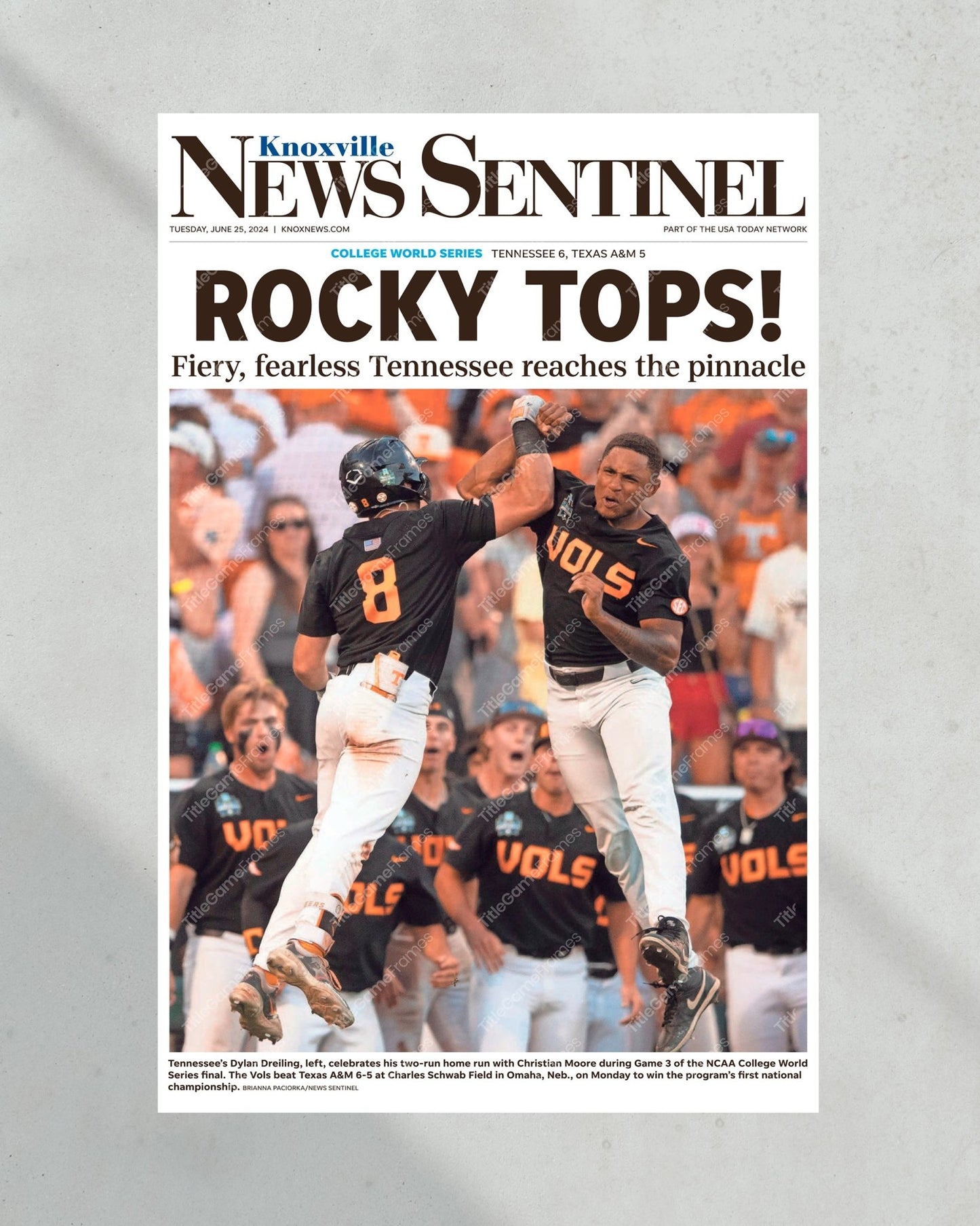 2024 Tennessee Volunteers 'ROCKY TOPS!' - CWS Baseball Champions Framed Newspaper - Title Game Frames