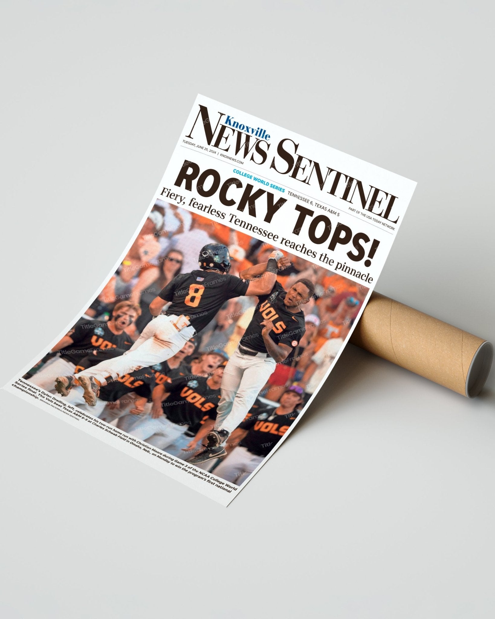 2024 Tennessee Volunteers 'ROCKY TOPS!' - CWS Baseball Champions Framed Newspaper - Title Game Frames