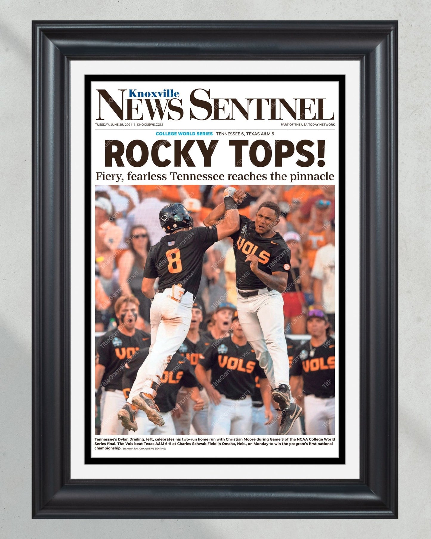 2024 Tennessee Volunteers 'ROCKY TOPS!' - CWS Baseball Champions Framed Newspaper - Title Game Frames