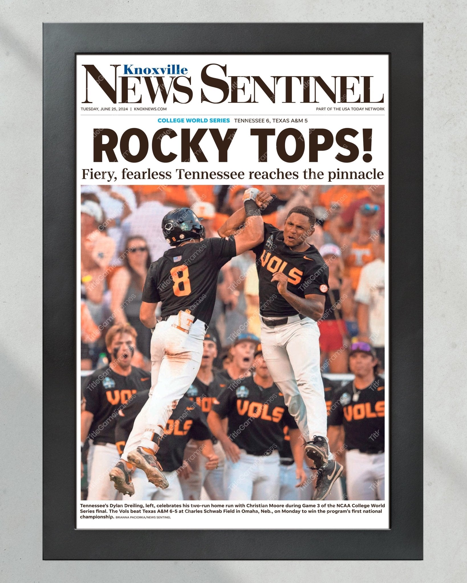 2024 Tennessee Volunteers 'ROCKY TOPS!' - CWS Baseball Champions Framed Newspaper - Title Game Frames