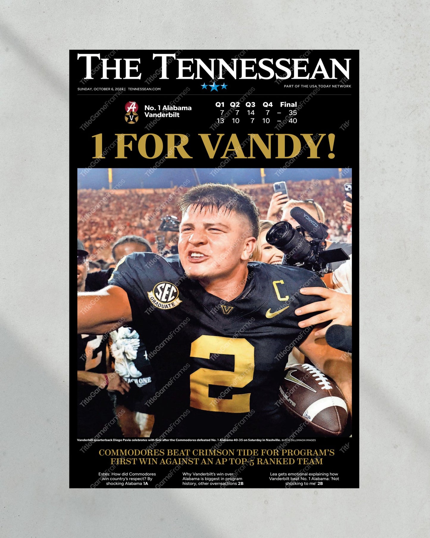 2024 Vanderbilt Commodores' "1 FOR VANDY!" Historic Win Over Alabama Framed Newspaper - Title Game Frames