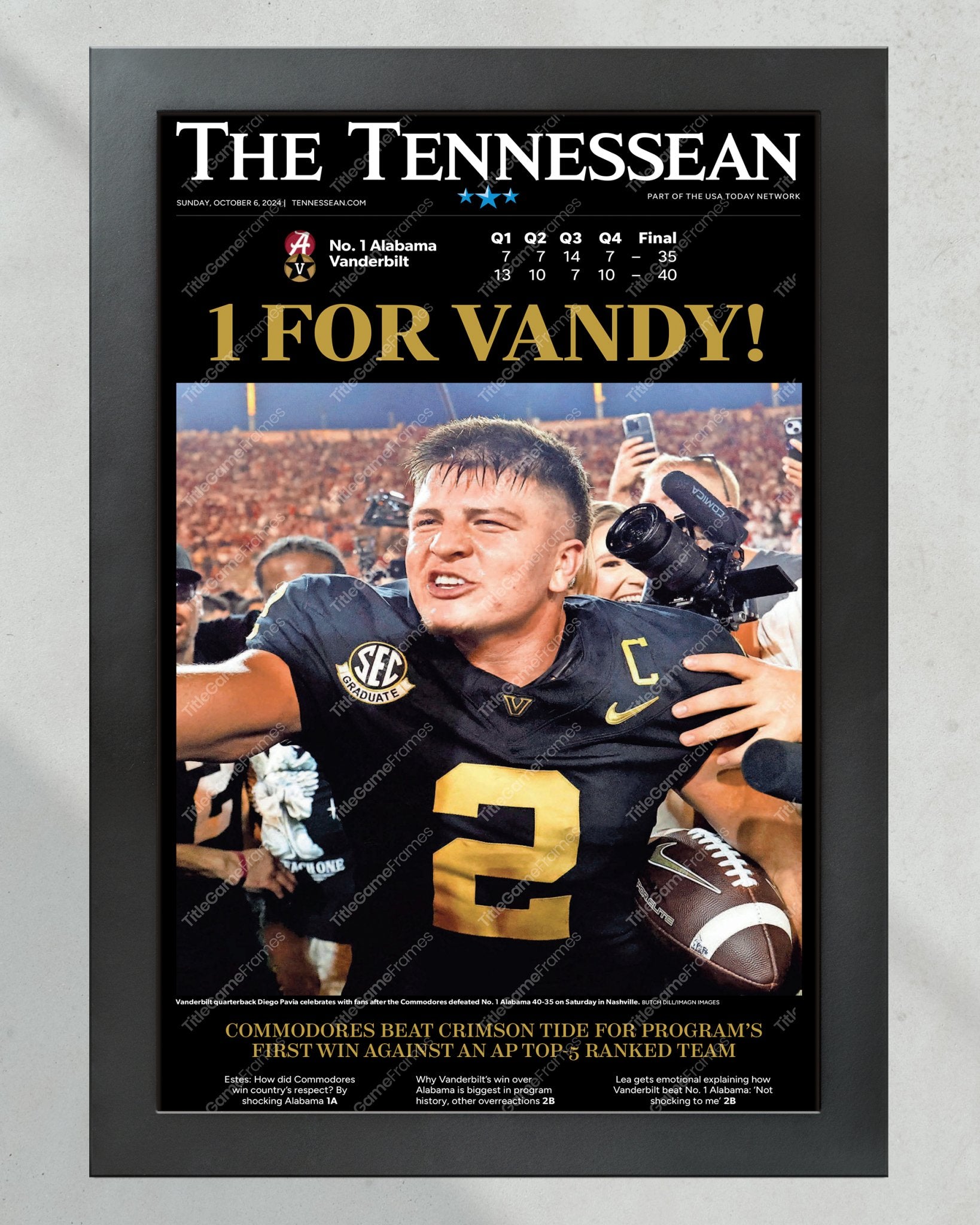 2024 Vanderbilt Commodores' "1 FOR VANDY!" Historic Win Over Alabama Framed Newspaper - Title Game Frames