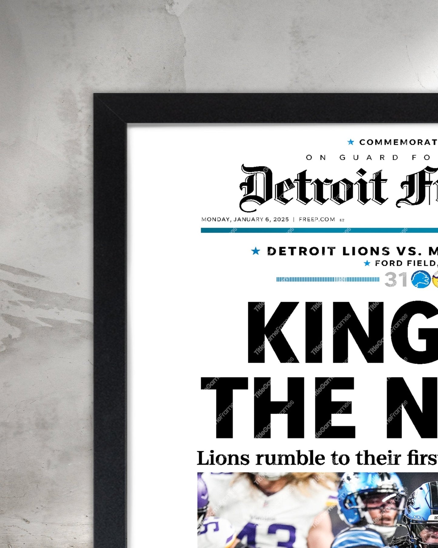 2025 Detroit Lions Kings of the North - NFC No. 1 Seed Framed Newspaper - Title Game Frames