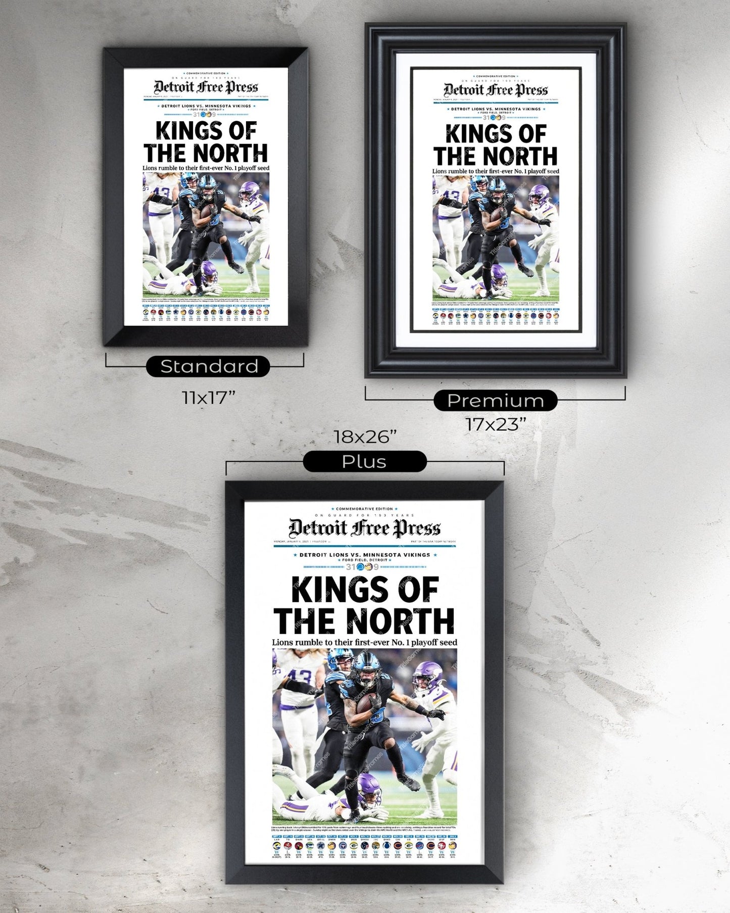 2025 Detroit Lions Kings of the North - NFC No. 1 Seed Framed Newspaper - Title Game Frames