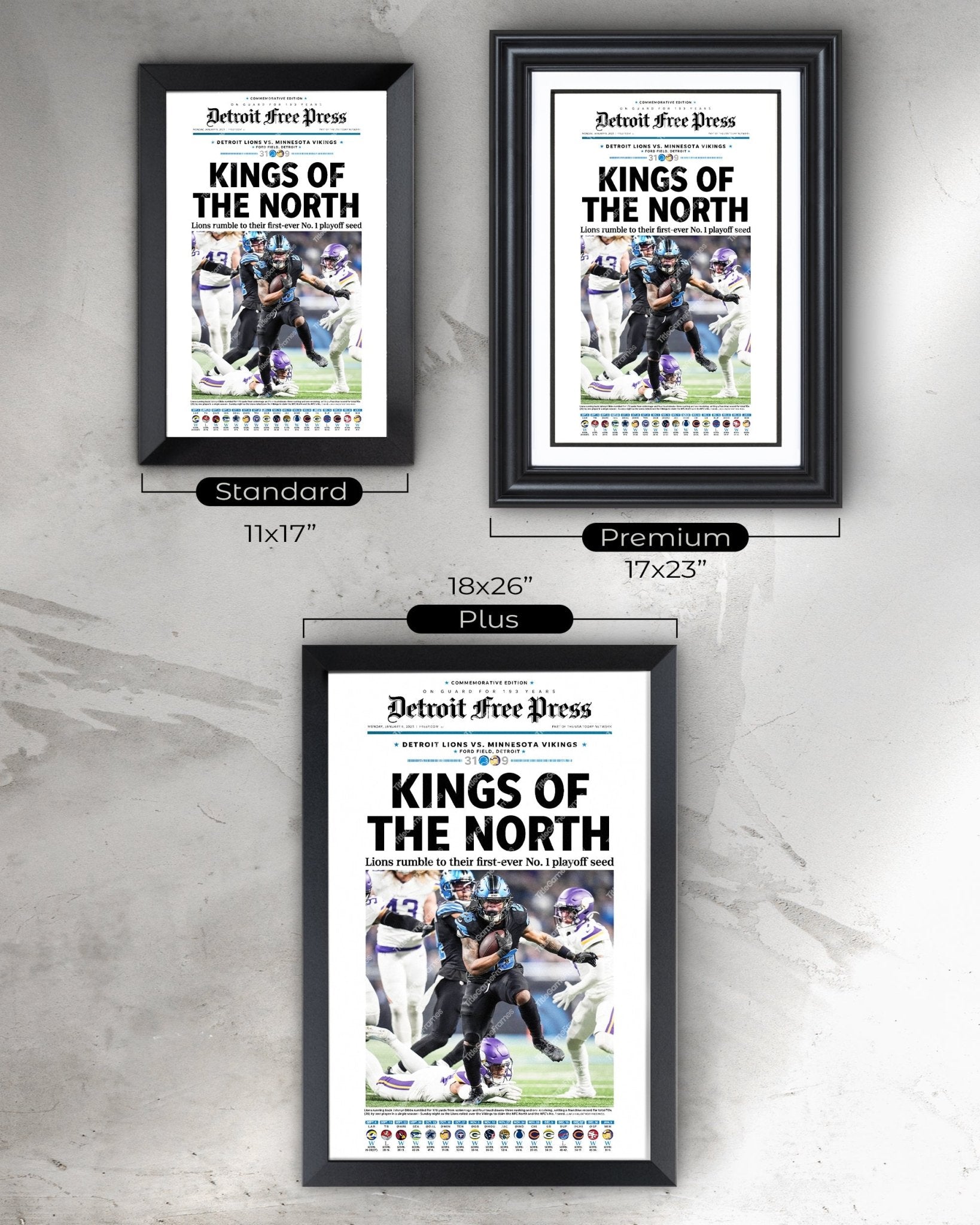 2025 Detroit Lions Kings of the North - NFC No. 1 Seed Framed Newspaper - Title Game Frames