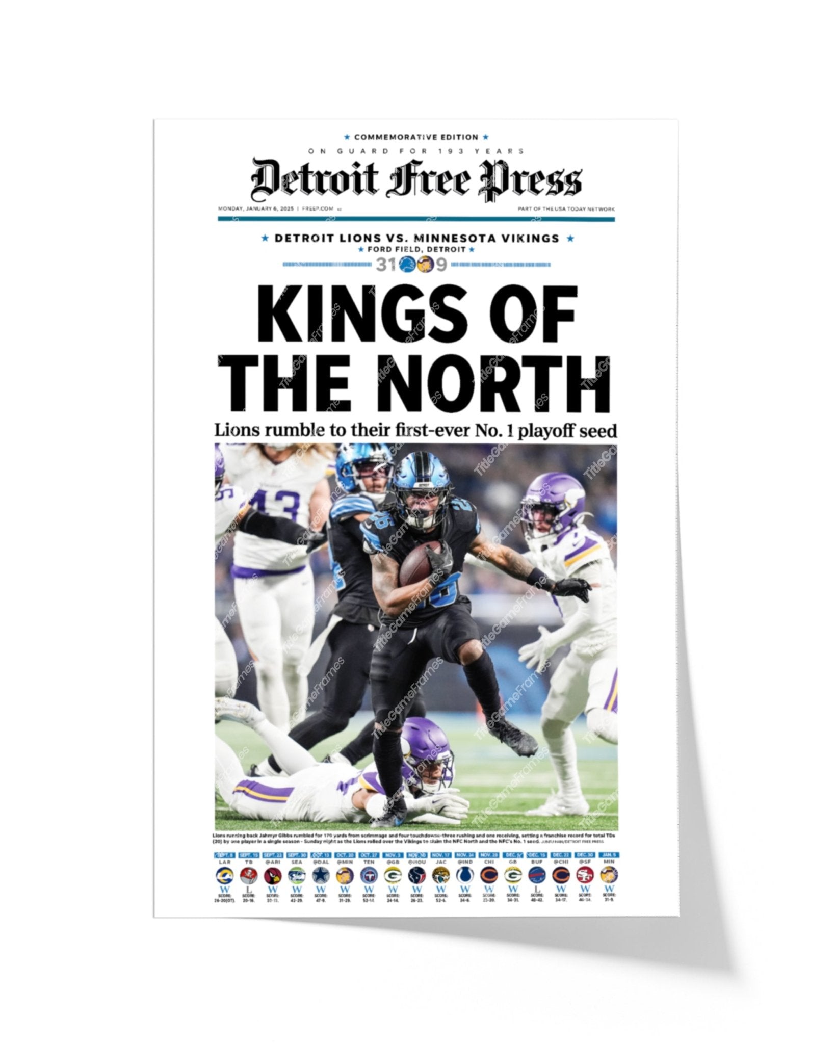 2025 Detroit Lions Kings of the North - NFC No. 1 Seed Framed Newspaper - Title Game Frames