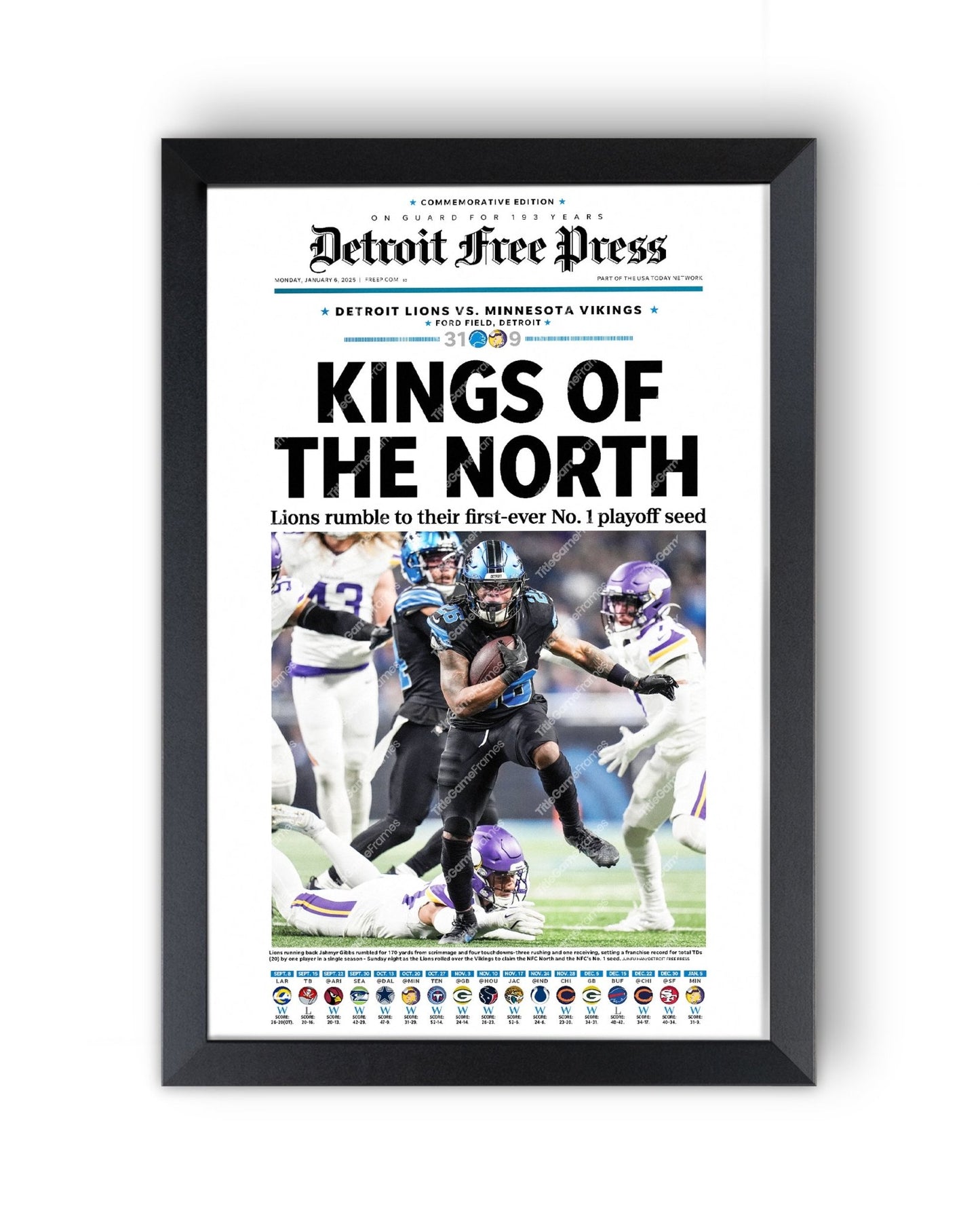 2025 Detroit Lions Kings of the North - NFC No. 1 Seed Framed Newspaper - Title Game Frames