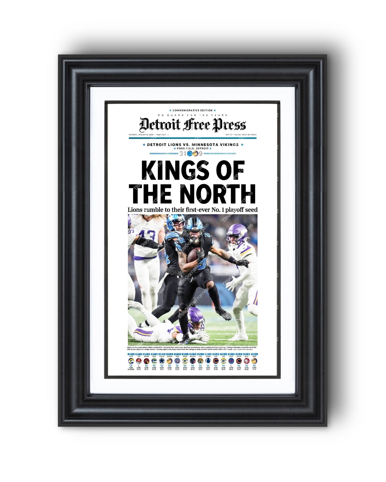 2025 Detroit Lions Kings of the North - NFC No. 1 Seed Framed Newspaper - Title Game Frames