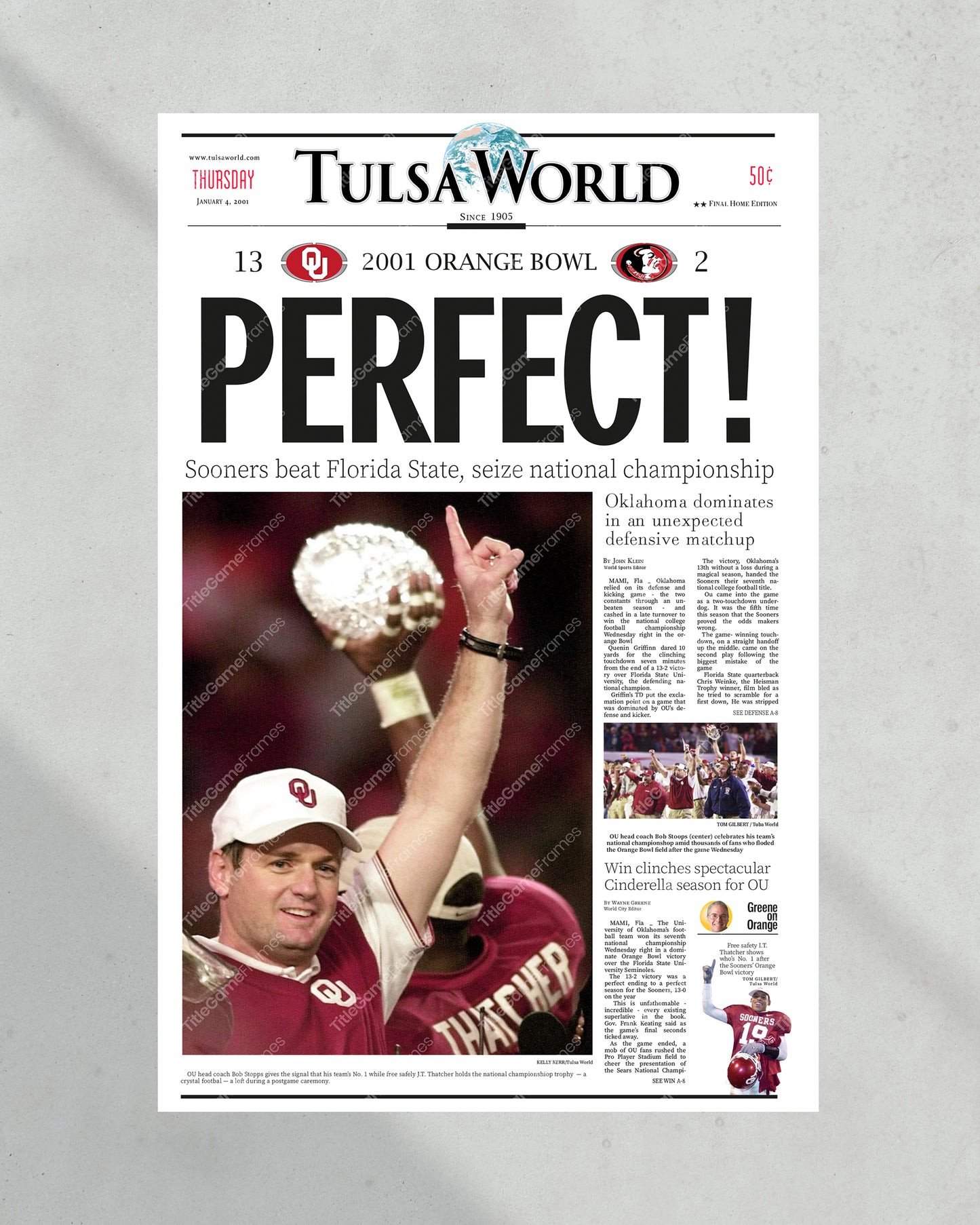 2000 Oklahoma Sooners 'PERFECT!' National Champions Framed Newspaper