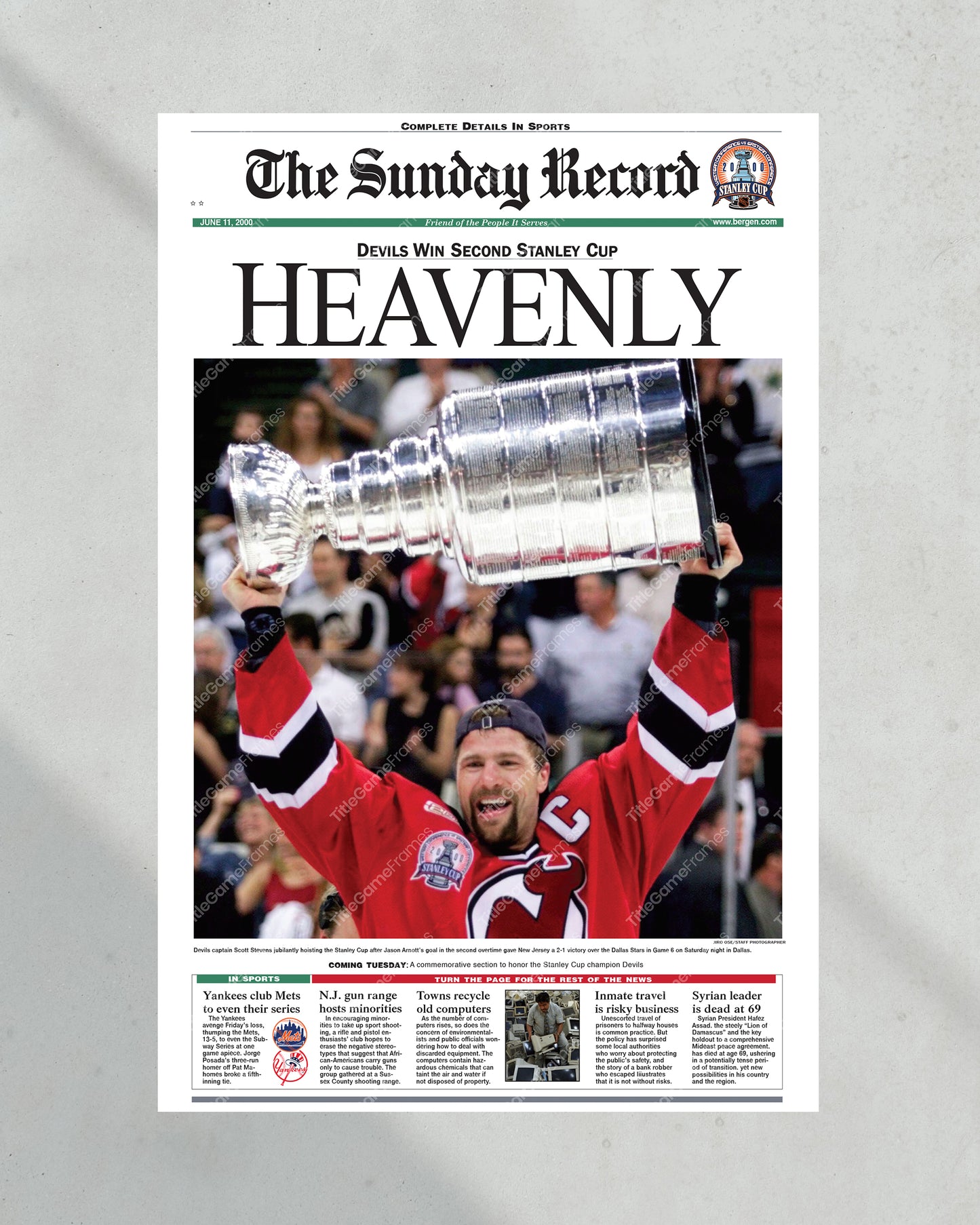 2000 NJ Devils Stanley Cup Champions Framed Newspaper Front Page Print