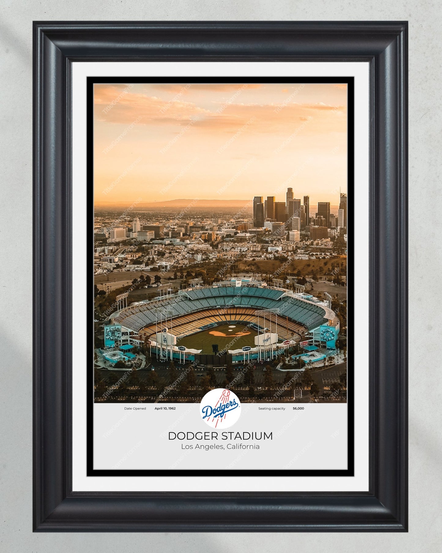 Los Angeles Skyline & Dodger Stadium: Aerial View Framed Print - Title Game Frames