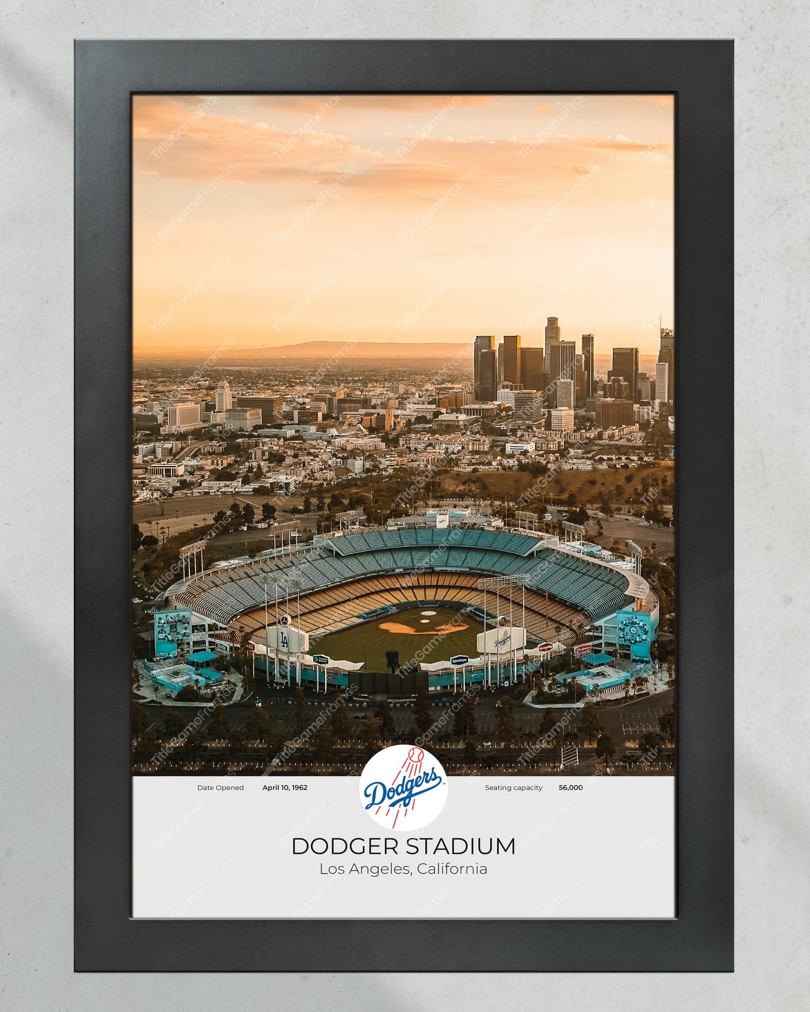 Los Angeles Skyline & Dodger Stadium: Aerial View Framed Print - Title Game Frames