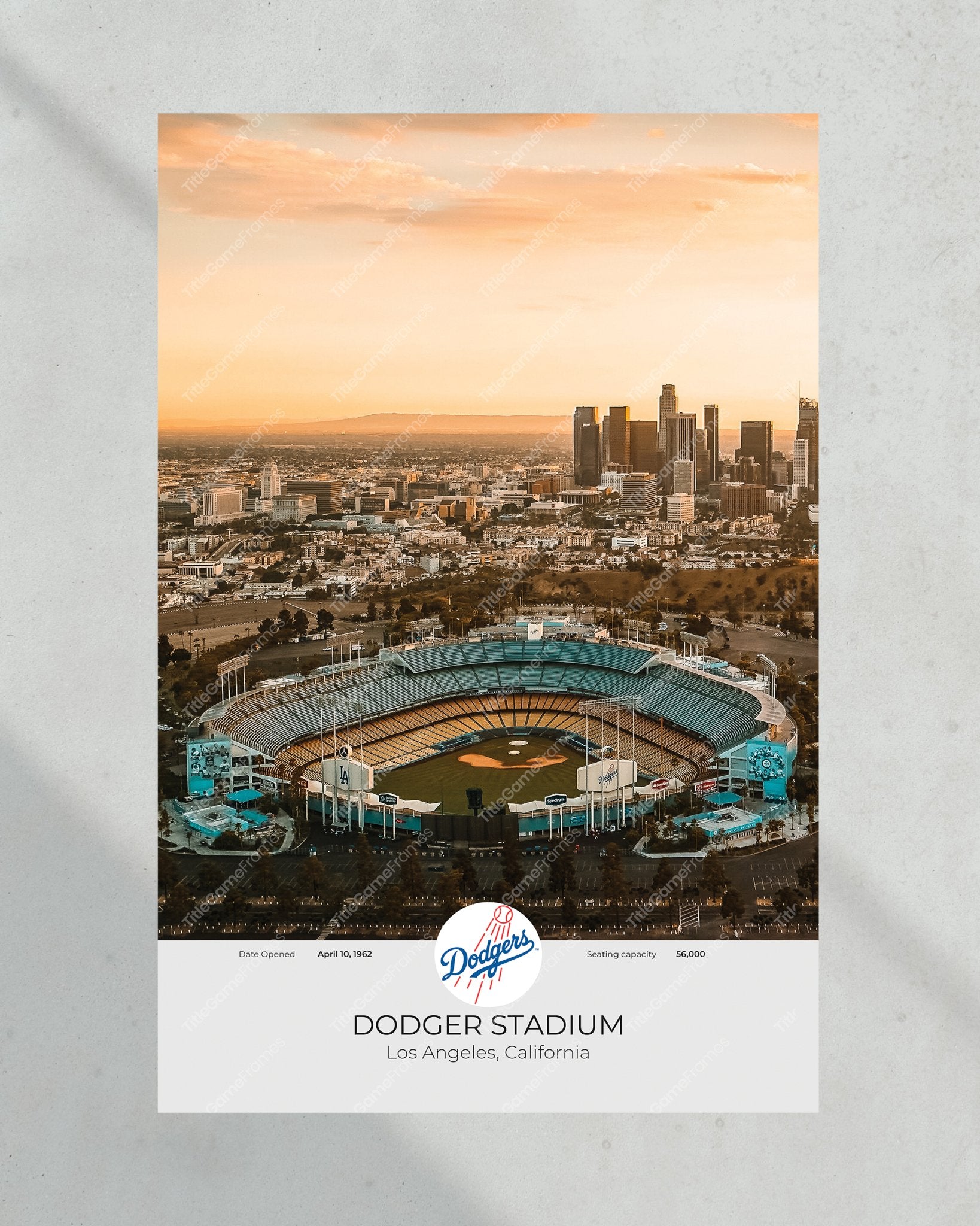 Los Angeles Skyline & Dodger Stadium: Aerial View Framed Print - Title Game Frames