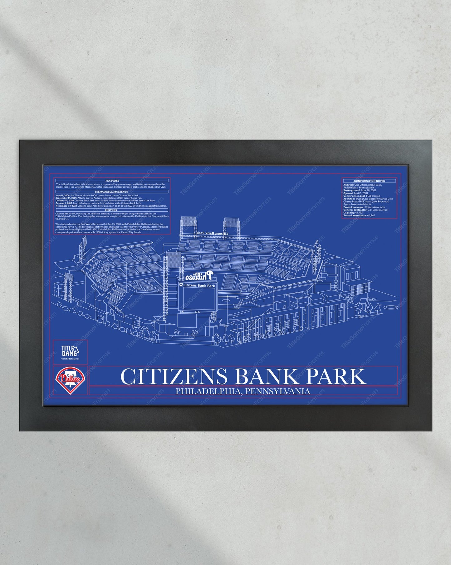 Philadelphia Phillies Citizens Bank Park Stadium Ballpark Blueprint - Title Game Frames