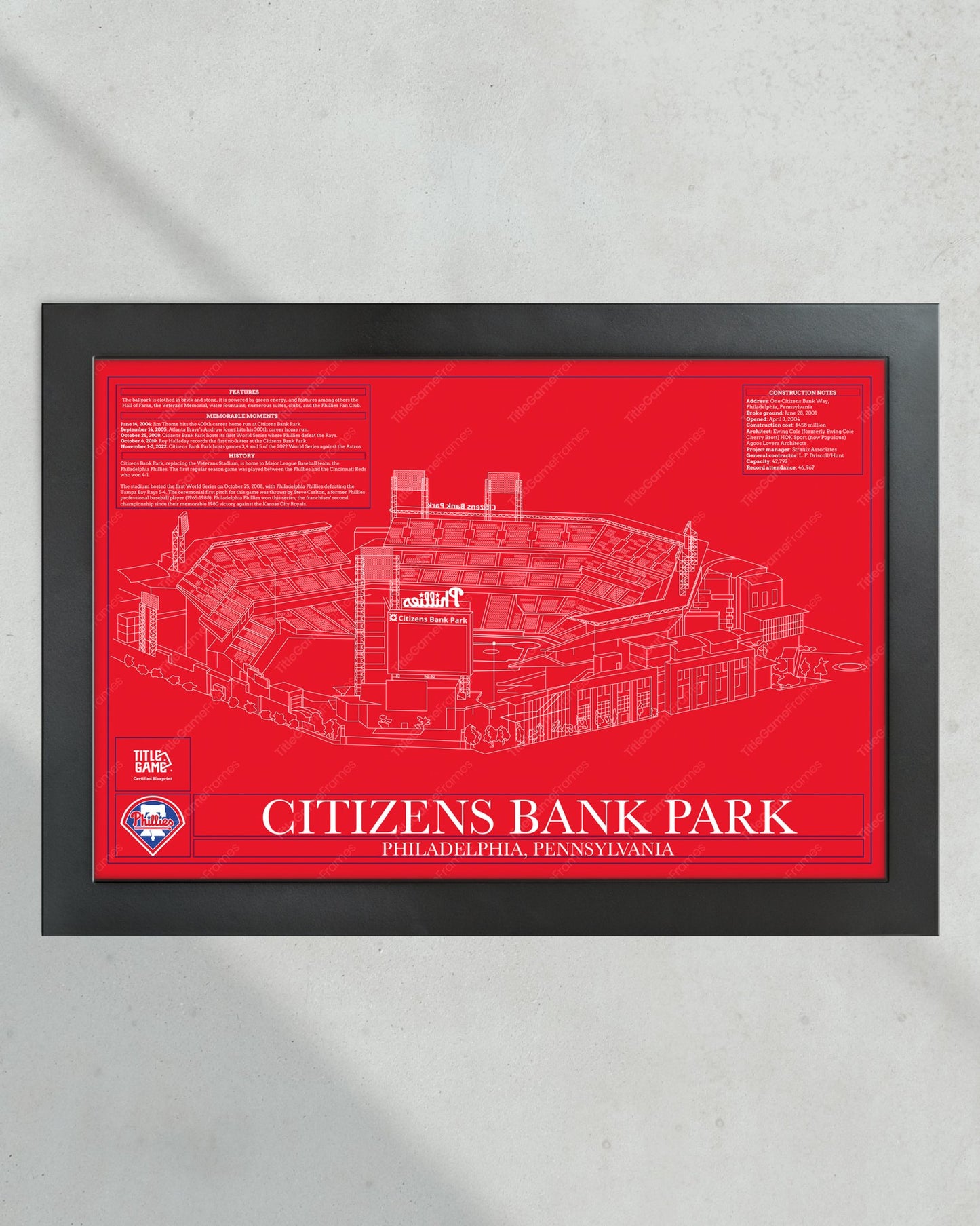 Philadelphia Phillies Citizens Bank Park Stadium Ballpark Blueprint - Title Game Frames