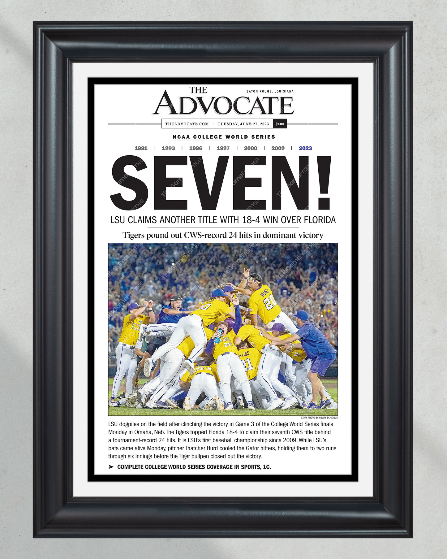 2023 LSU Tigers “SEVEN!” College World Series Champions Front Page Newspaper