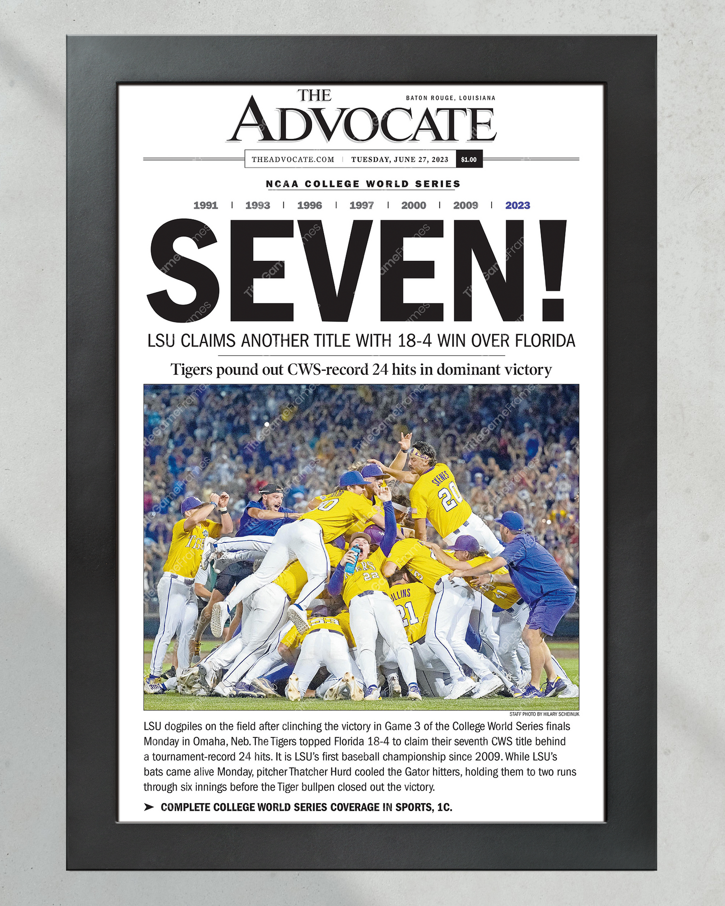 2023 LSU Tigers “SEVEN!” College World Series Champions Front Page Newspaper