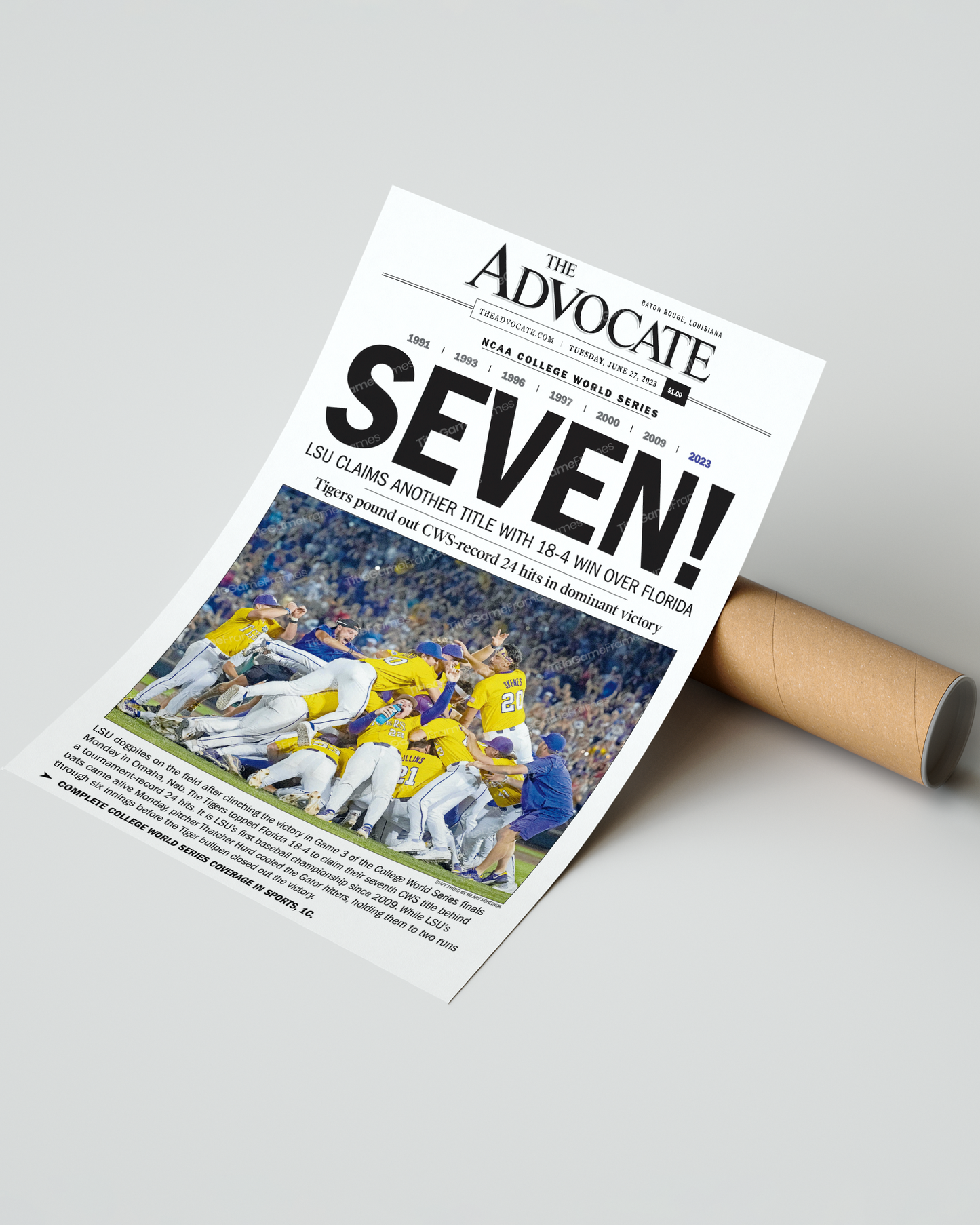 2023 LSU Tigers “SEVEN!” College World Series Champions Front Page Newspaper