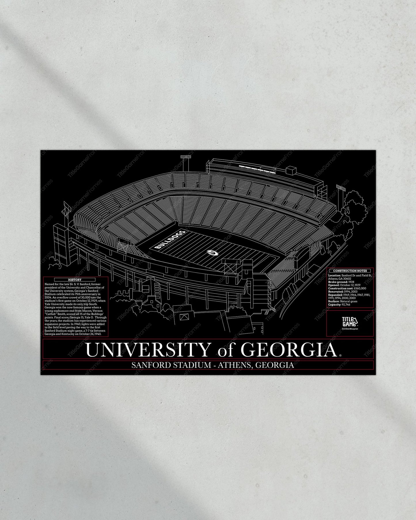 University of Georgia Bulldogs - Dooley Field at Sanford Stadium Blueprint - Title Game Frames