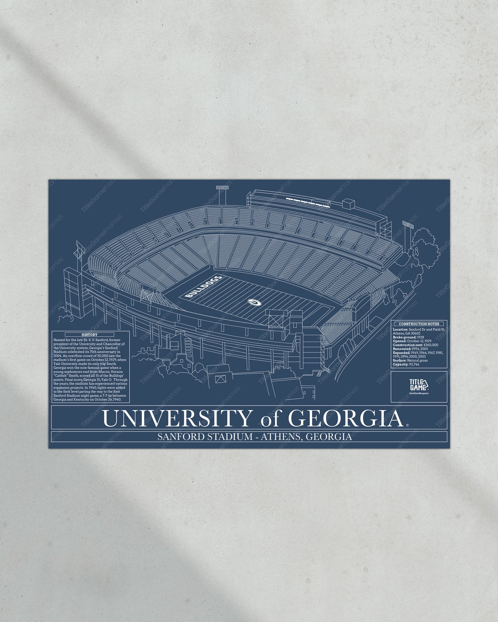 University of Georgia Bulldogs - Dooley Field at Sanford Stadium Blueprint - Title Game Frames