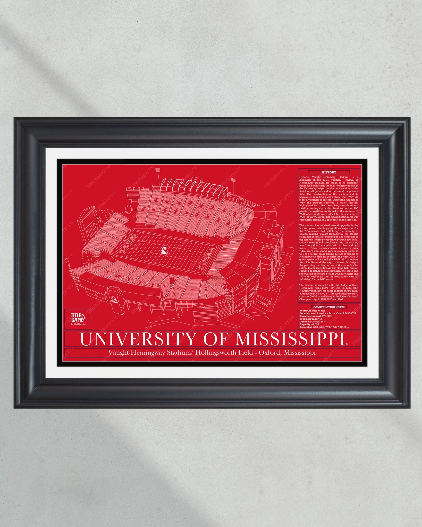 University of Mississippi Ole Miss Rebels Vaught Hemingway Stadium Blueprint - Title Game Frames