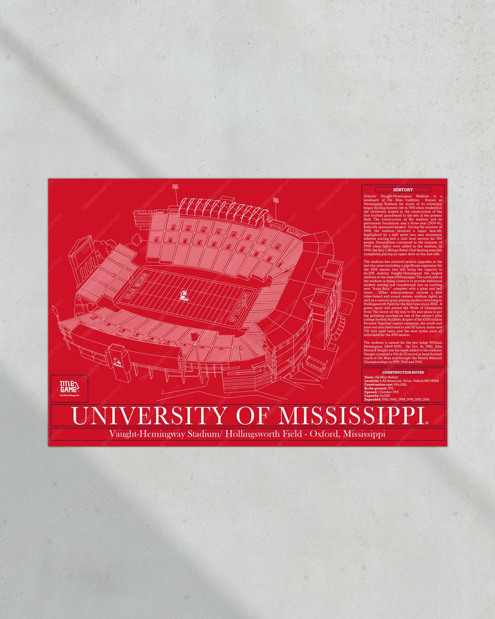 University of Mississippi Ole Miss Rebels Vaught Hemingway Stadium Blueprint - Title Game Frames