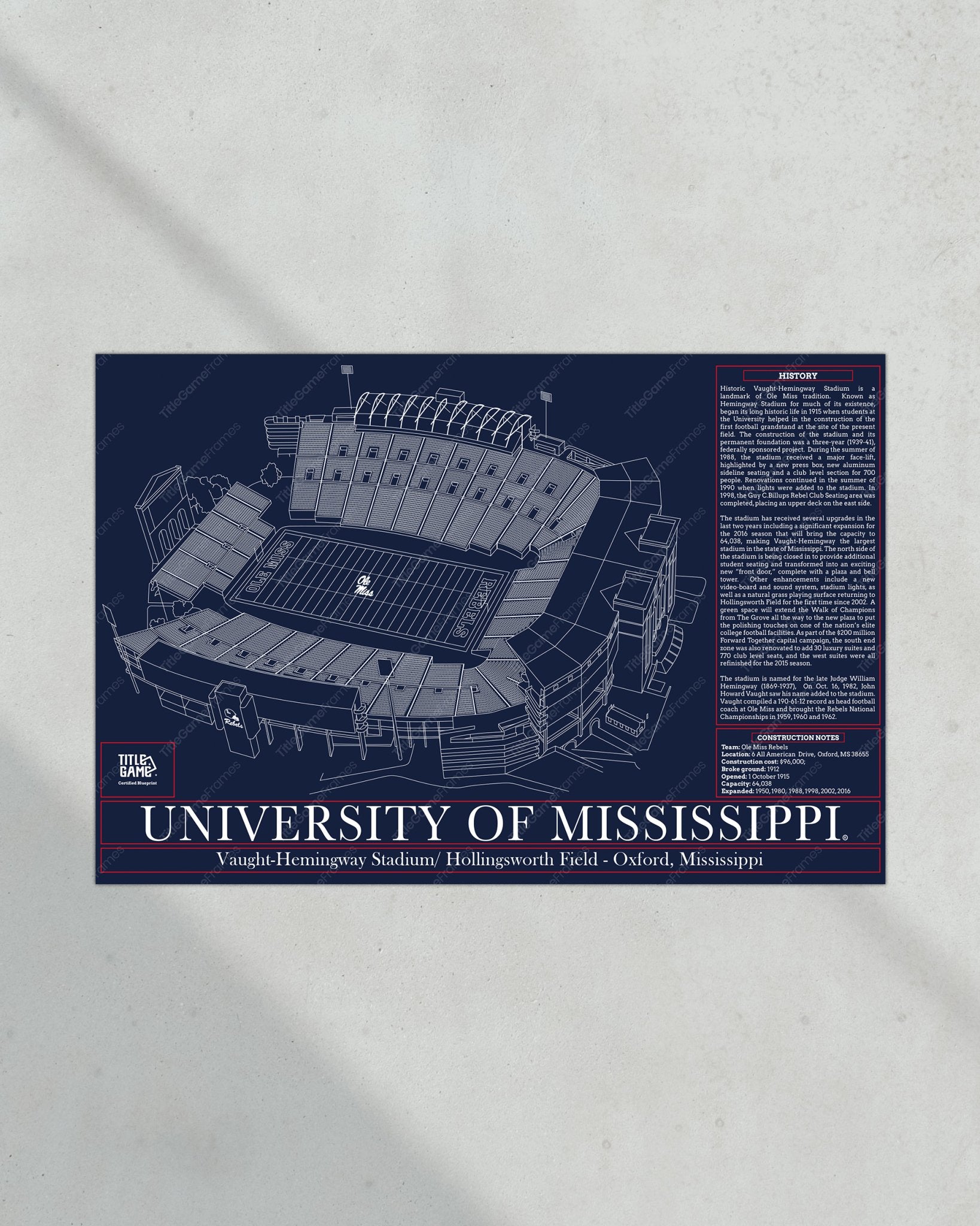 University of Mississippi Ole Miss Rebels Vaught Hemingway Stadium Blueprint - Title Game Frames