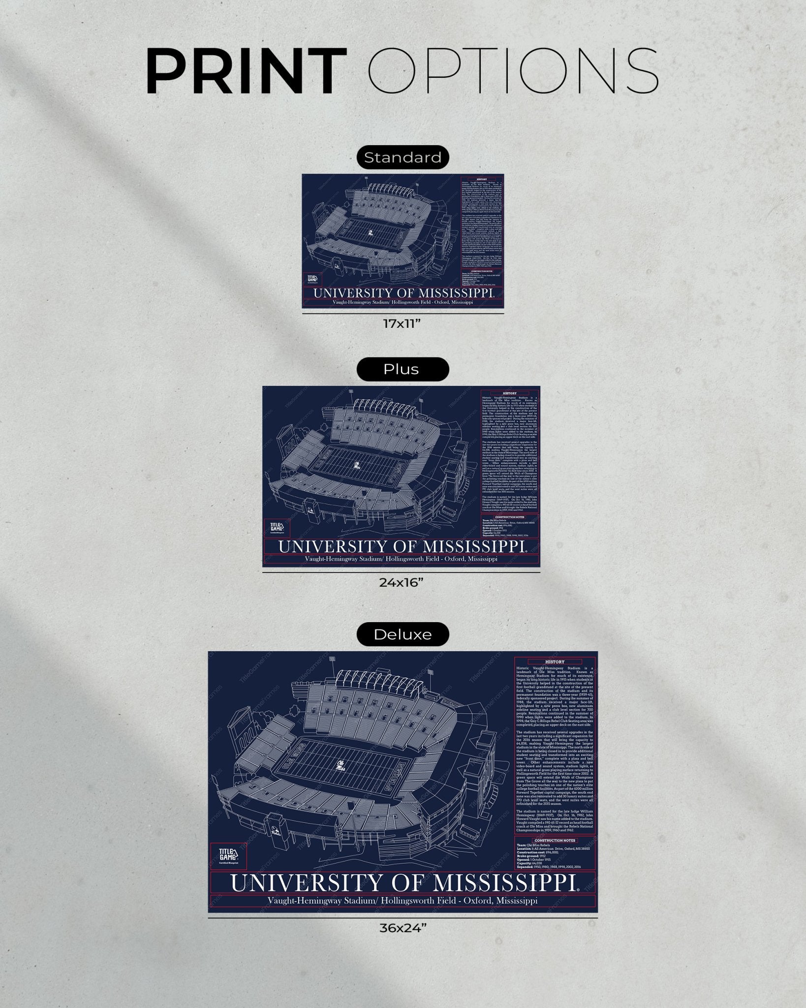 University of Mississippi Ole Miss Rebels Vaught Hemingway Stadium Blueprint - Title Game Frames